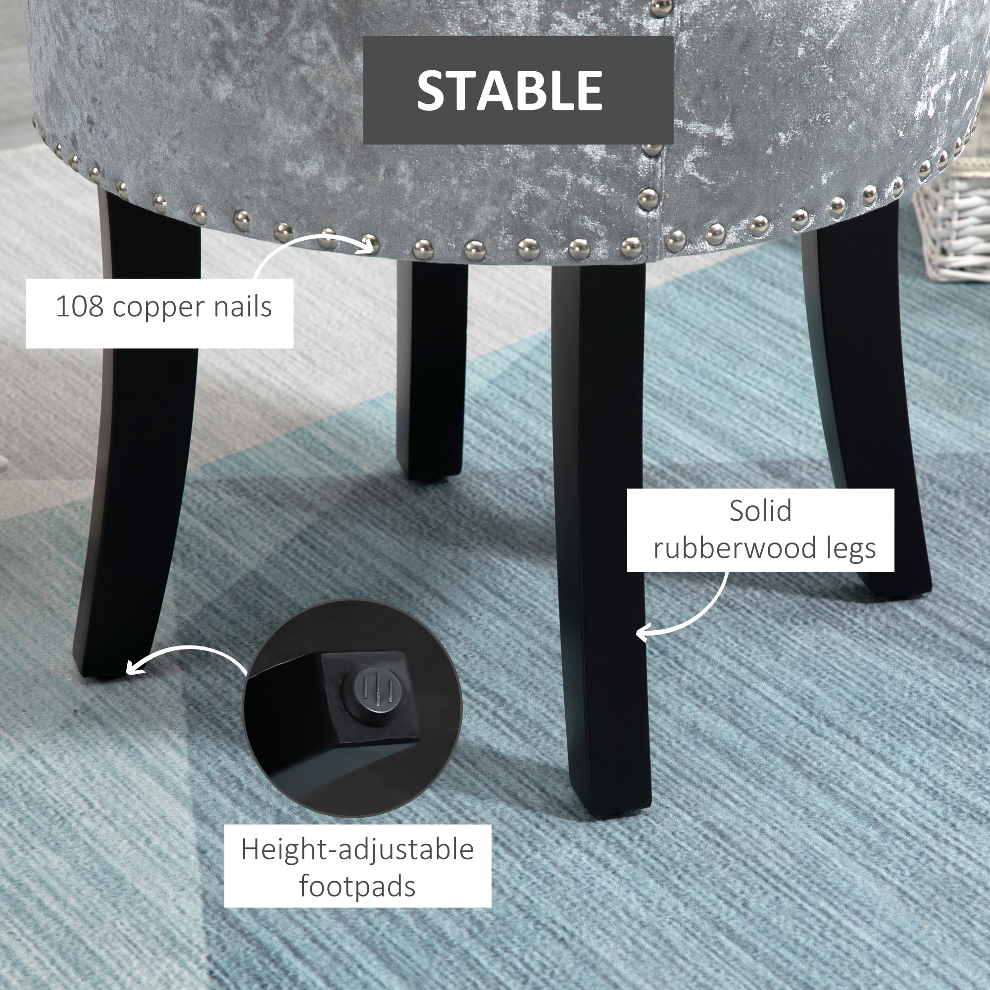 HOMCOM Dressing Table Stool, Ice Velvet with Rubber Wood Legs, Makeup Seat for Living Room, Bedroom, Grey