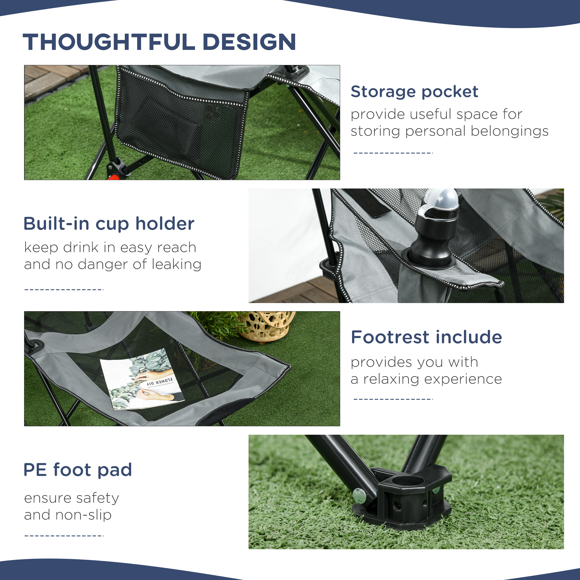 Outsunny Reclining Garden Chair, Foldable with Footrest, Adjustable Backrest, Headrest, Cup Holder, Carry Bag, Grey