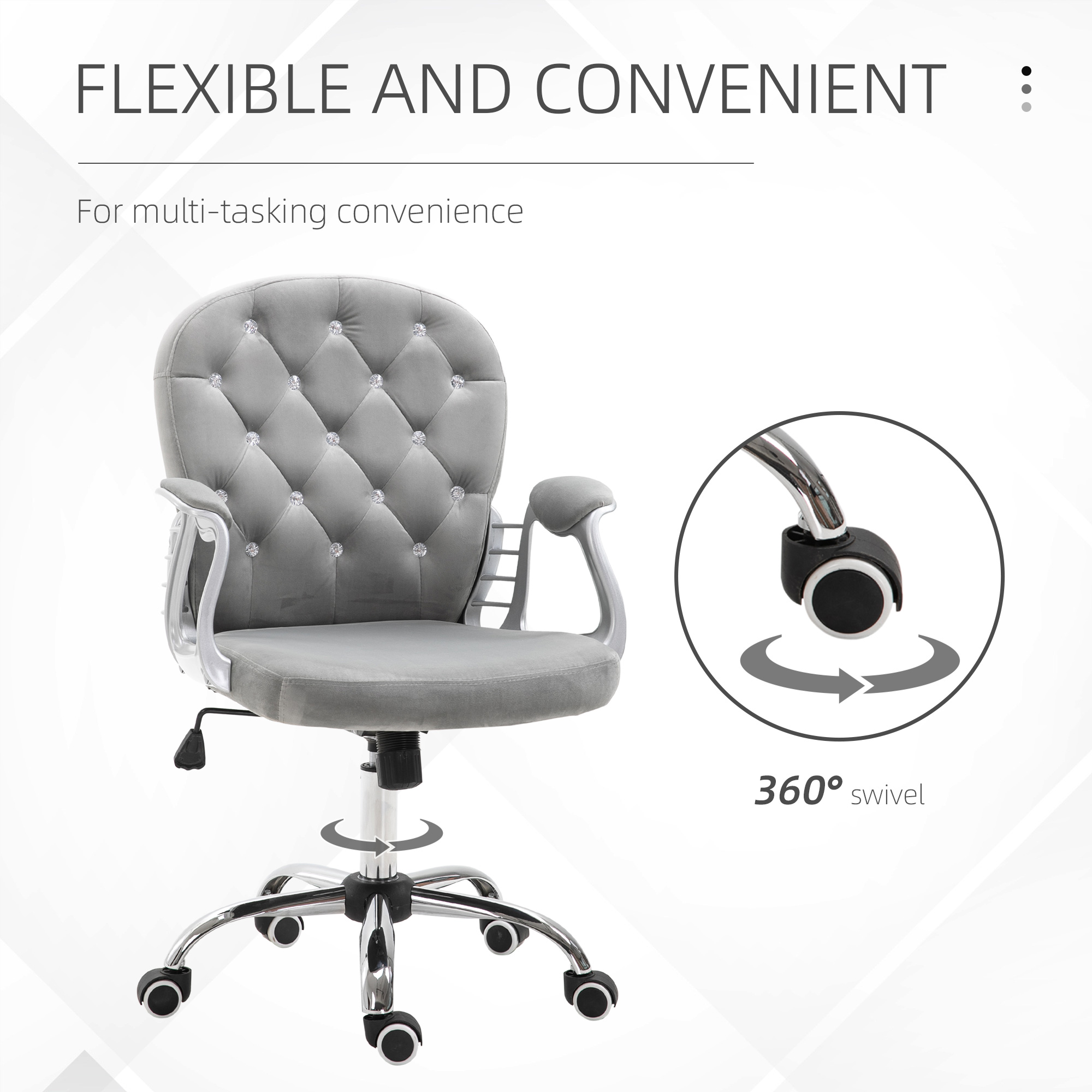 Vinsetto Ergonomic Office Chair, 360Â° Swivel, Diamond Tufted, Velour Padded, with 5 Castor Wheels, Grey