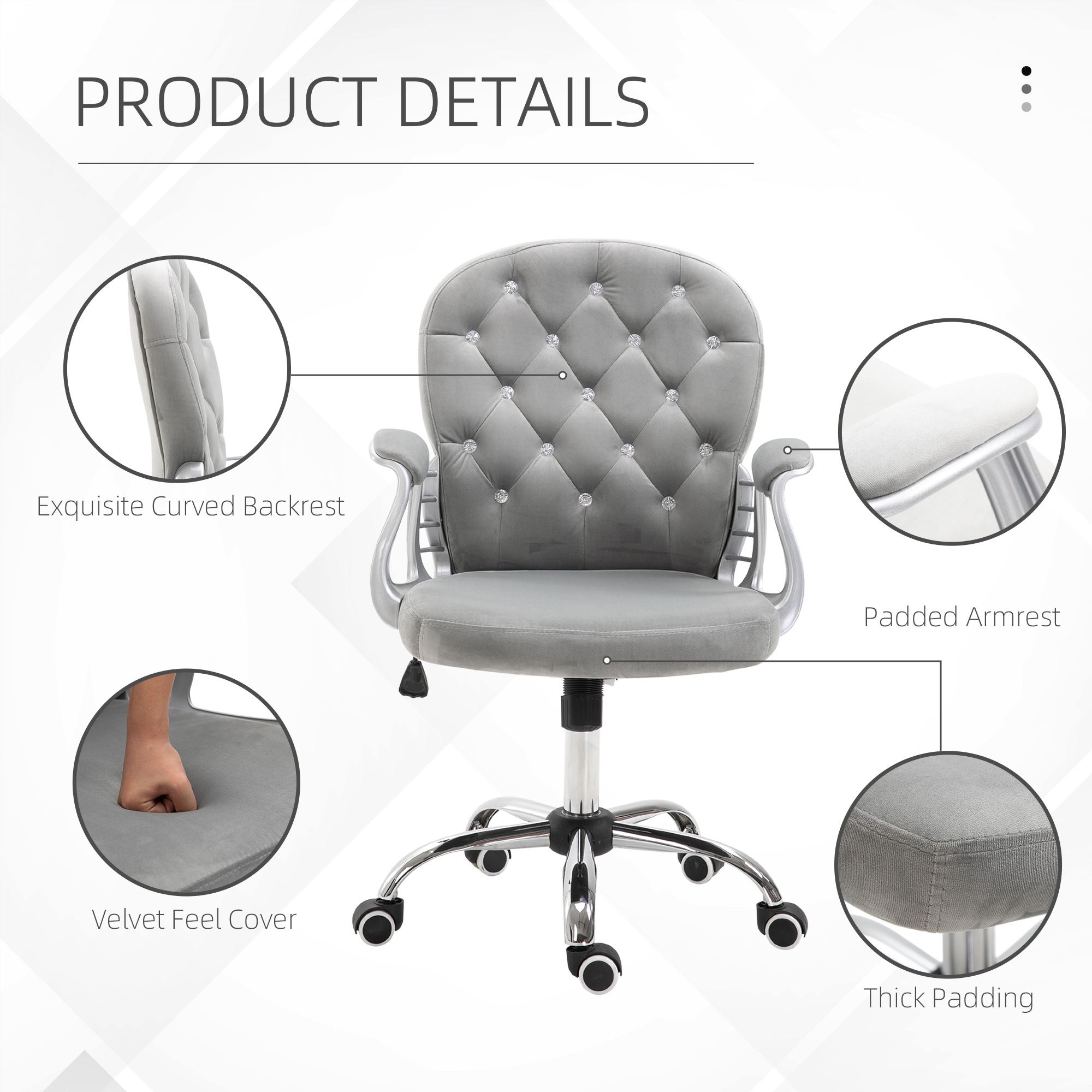 Vinsetto Ergonomic Office Chair, 360Â° Swivel, Diamond Tufted, Velour Padded, with 5 Castor Wheels, Grey