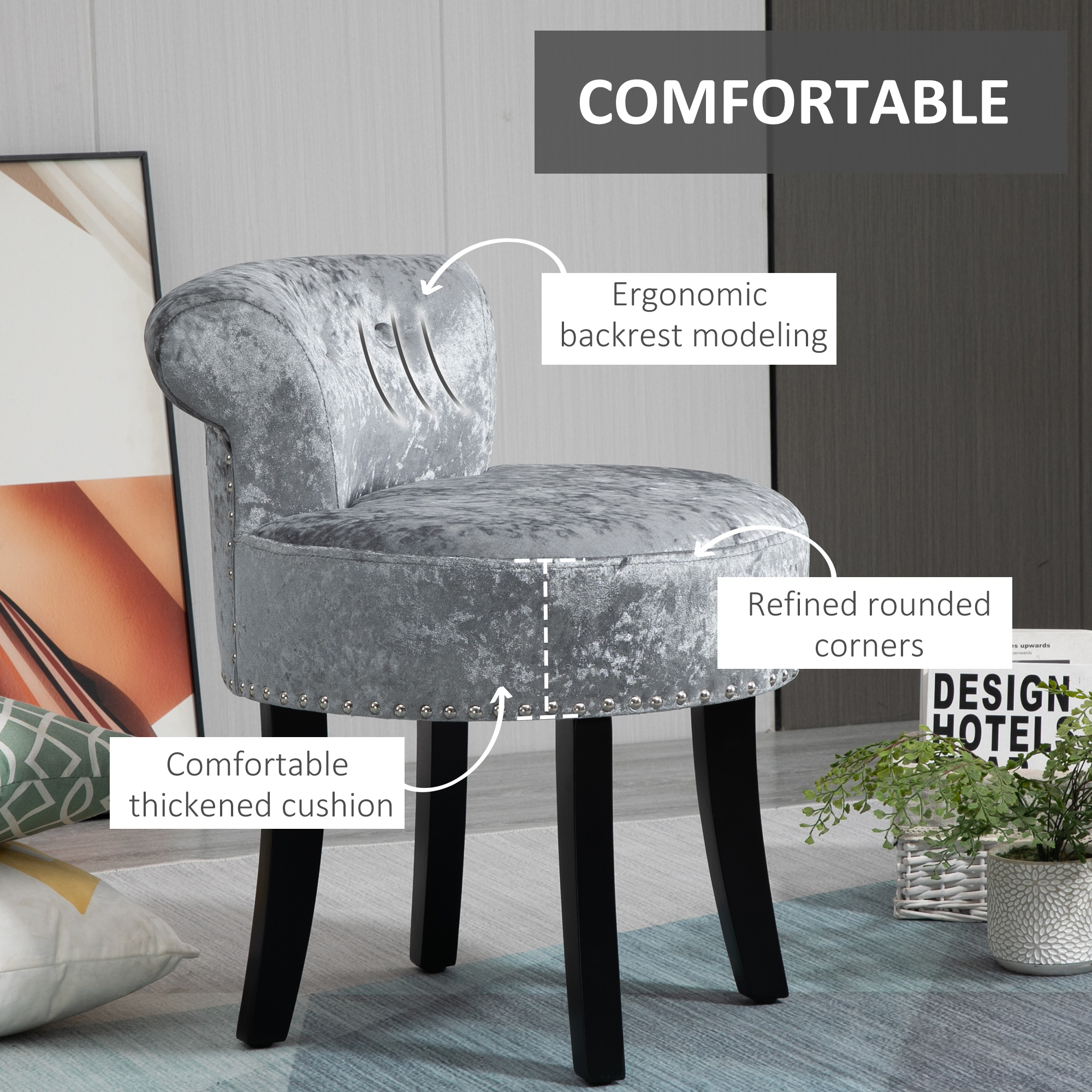 HOMCOM Dressing Table Stool, Ice Velvet with Rubber Wood Legs, Makeup Seat for Living Room, Bedroom, Grey
