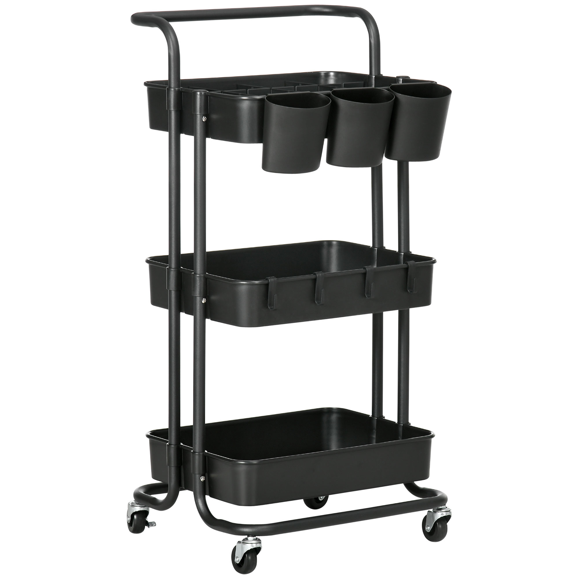 HOMCOM Carrito de Cocina con Ruedas Carro de Almacenaje Multifuncional con Ganchos y Cajas Colgantes 42x38x86,5 cm Negro