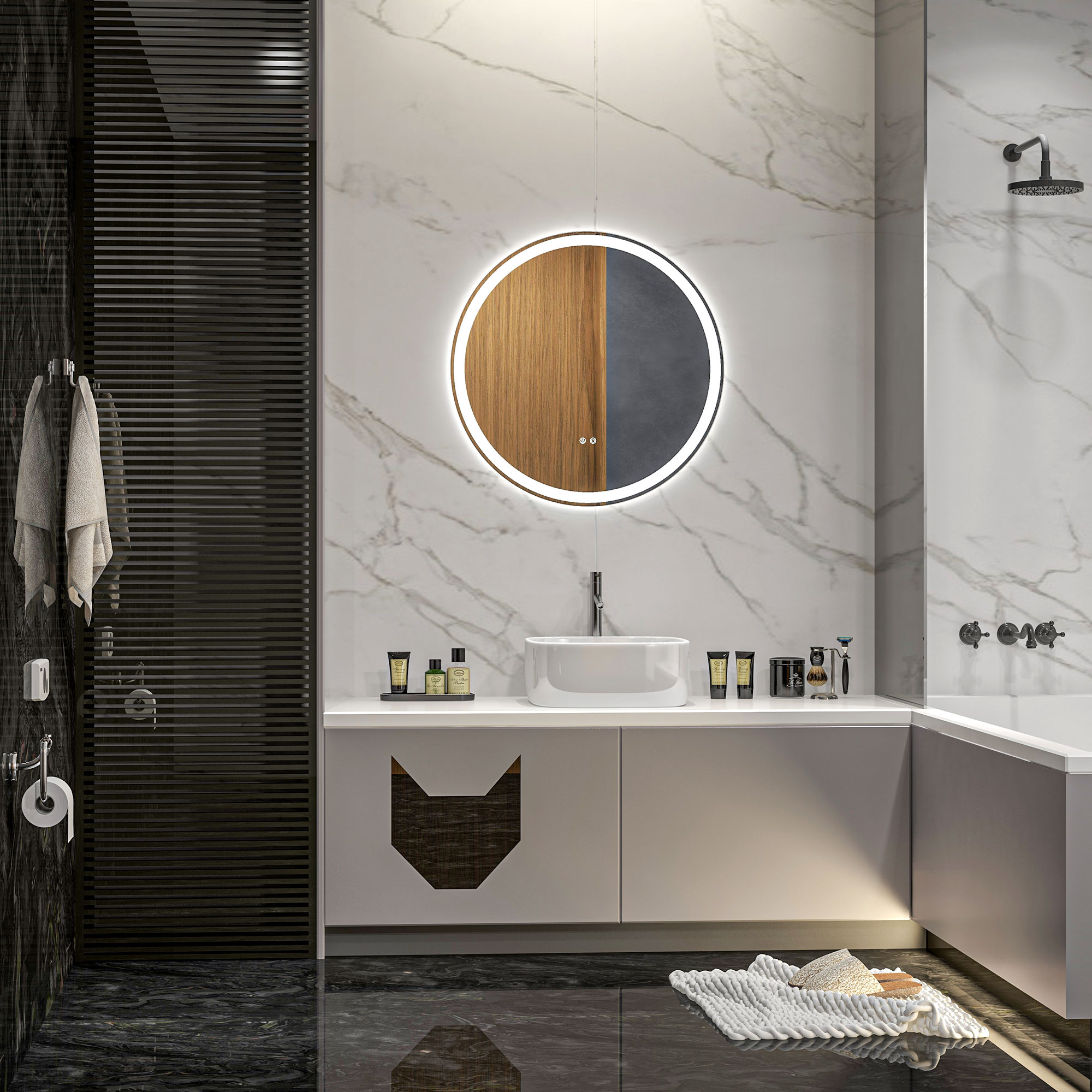 Kleankin LED Illuminated Bathroom Mirror, Round, 3 Colour Temperatures, Anti-Fog, Frameless, Hardwired, 60x60cm