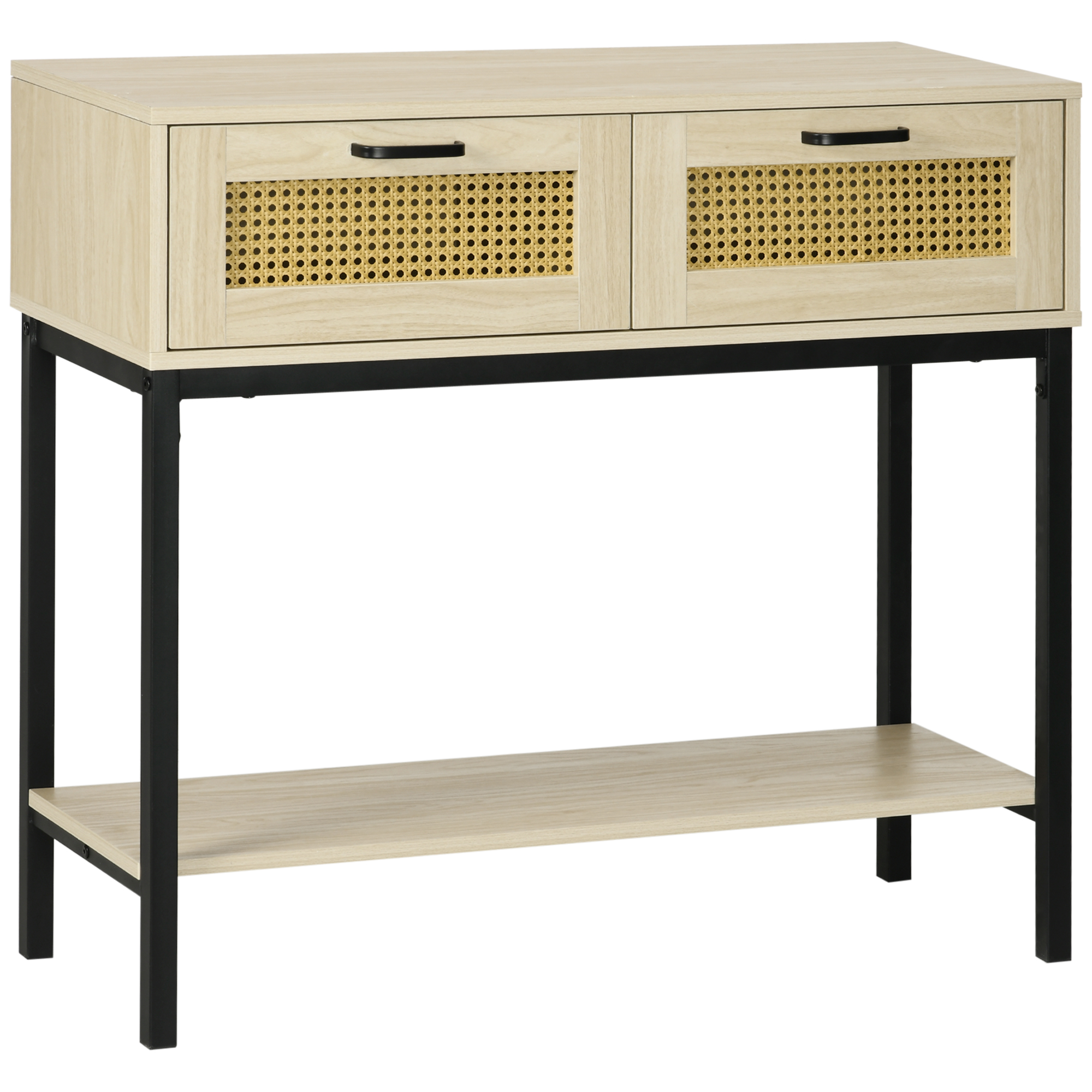 HOMCOM Mesa Consola Mueble Recibidor con 2 Cajones de Rejilla de Ratán Estante de Almacenaje Marco de Metal 90x35x82,5cm Roble