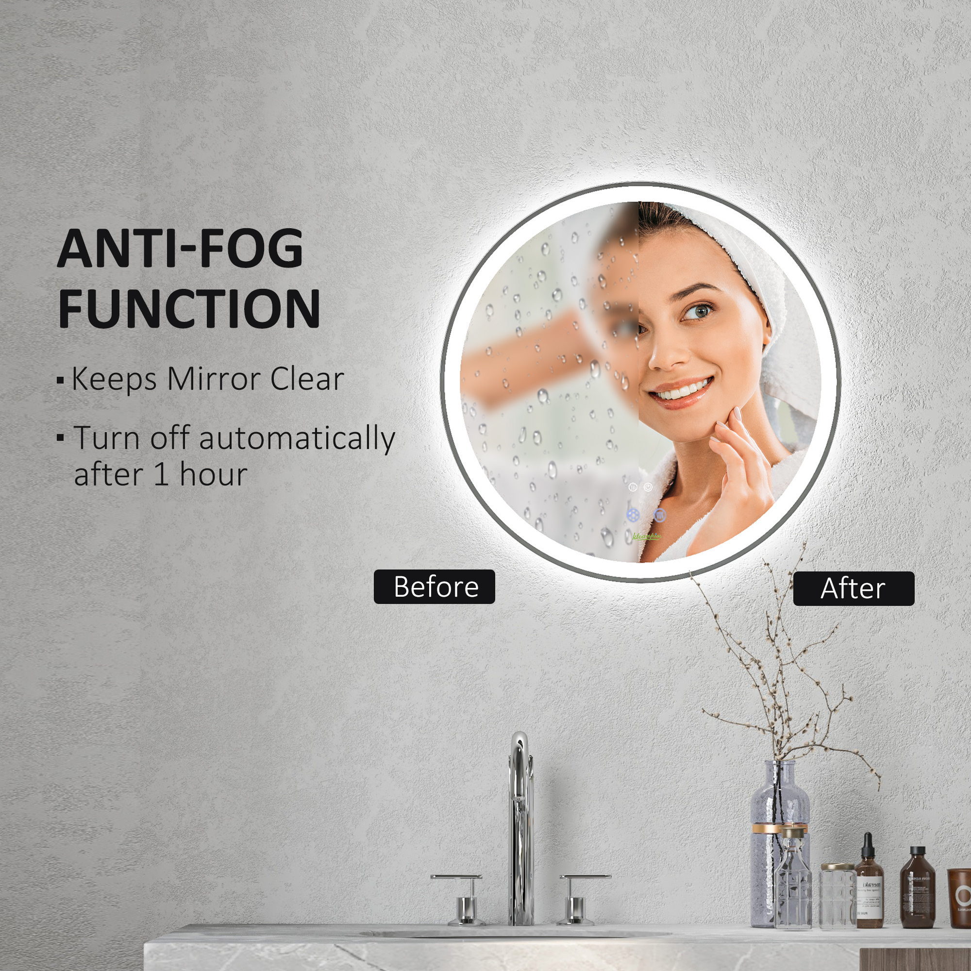 Kleankin LED Illuminated Bathroom Mirror, Round, 3 Colour Temperatures, Anti-Fog, Frameless, Hardwired, 60x60cm