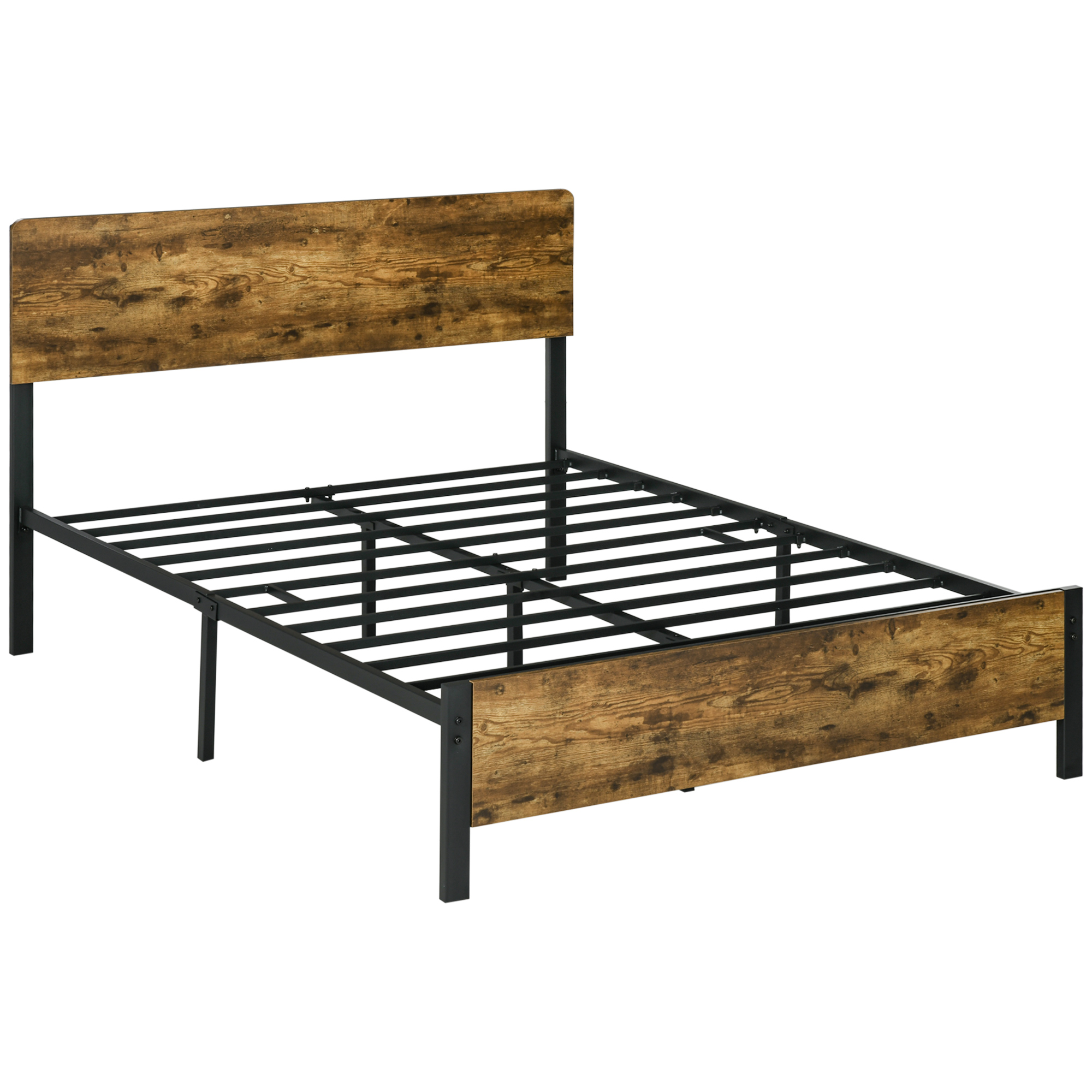 HOMCOM Marco de Cama Industrial Estructura de Cama Doble 149x197 cm Somier de Listones de Acero con Cabecero Marrón Rústico