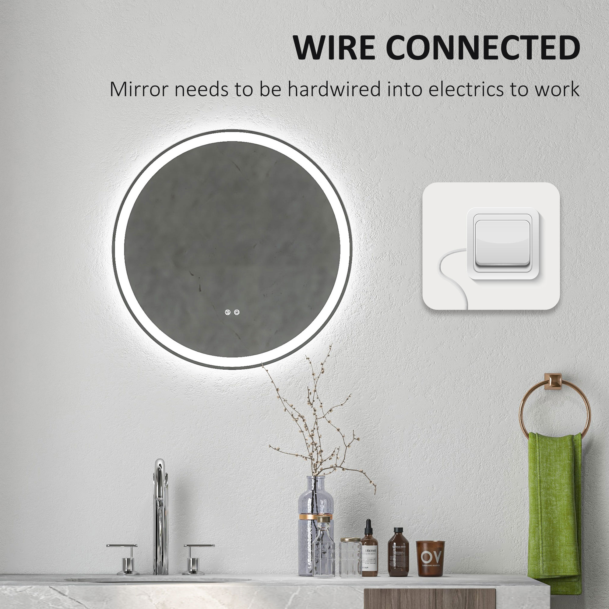 Kleankin LED Illuminated Bathroom Mirror, Round, 3 Colour Temperatures, Anti-Fog, Frameless, Hardwired, 60x60cm