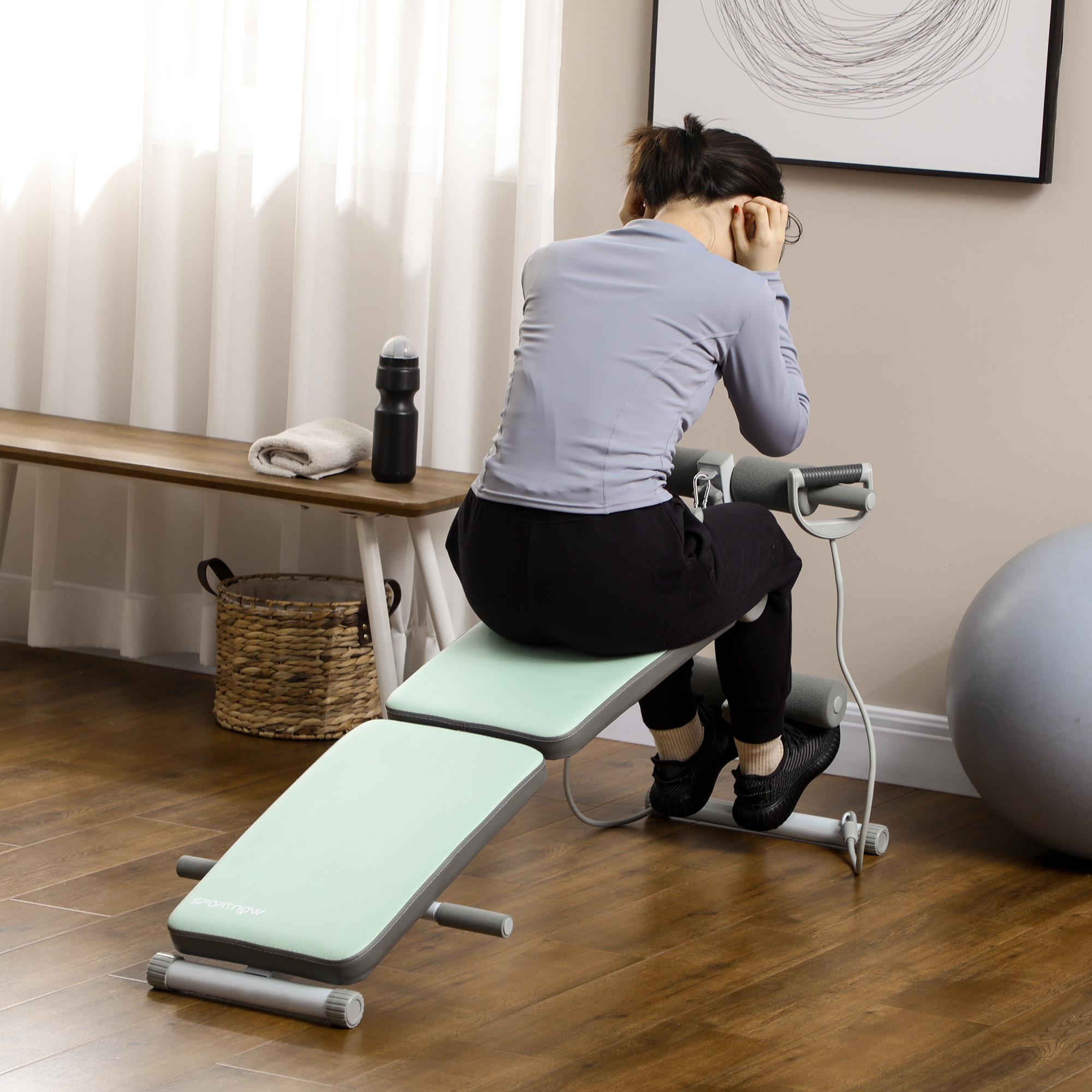 SPORTNOW Rugtrainer, 6-voudig in hoogte verstelbaar, buiktrainer met verstelbare beenrol, fitnessapparaat voor thuis, staal, zwart