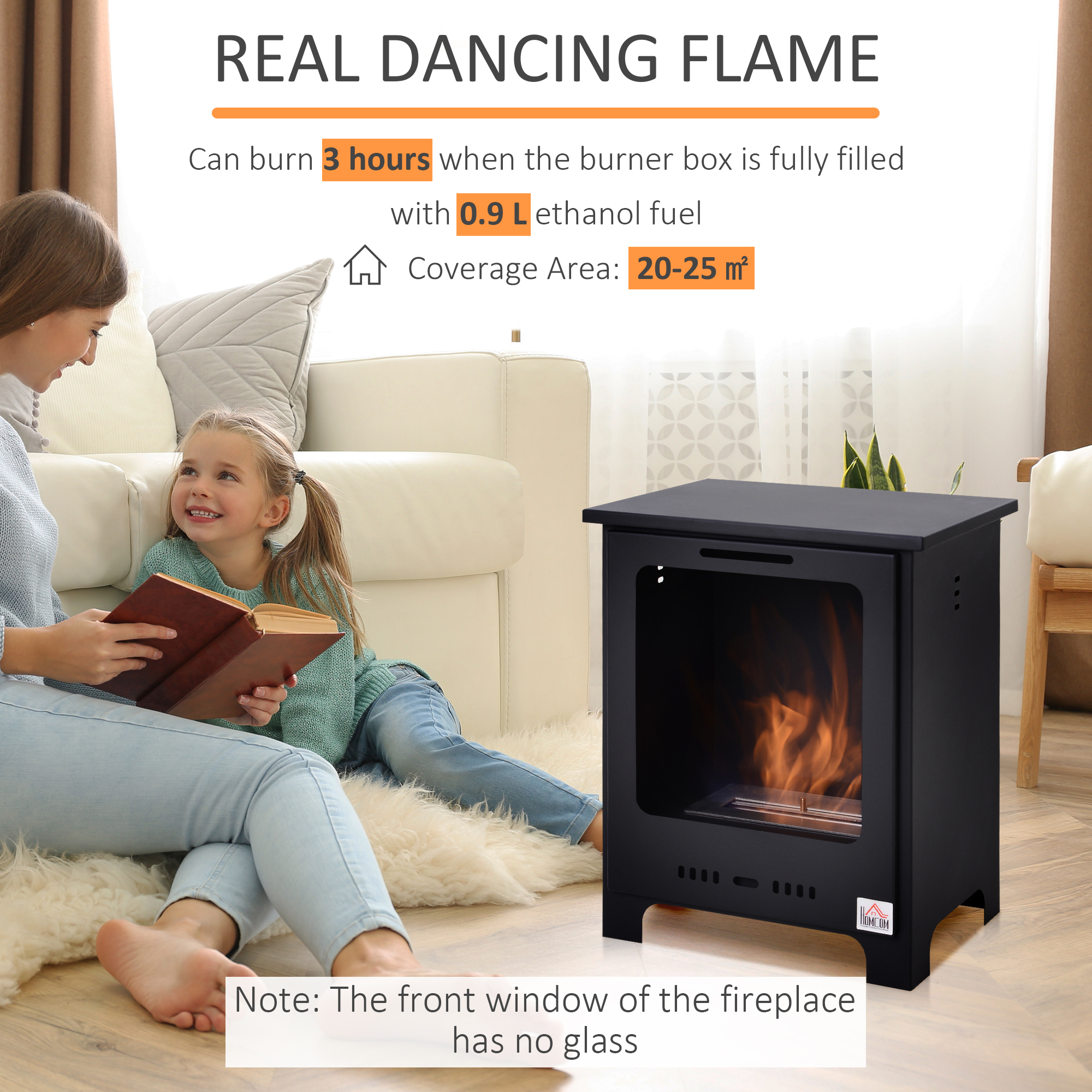 HOMCOM Freestanding Ethanol Fireplace, Bioethanol Fire with 1.5L Tank, 3 Hours Burning Time for Indoor, Black