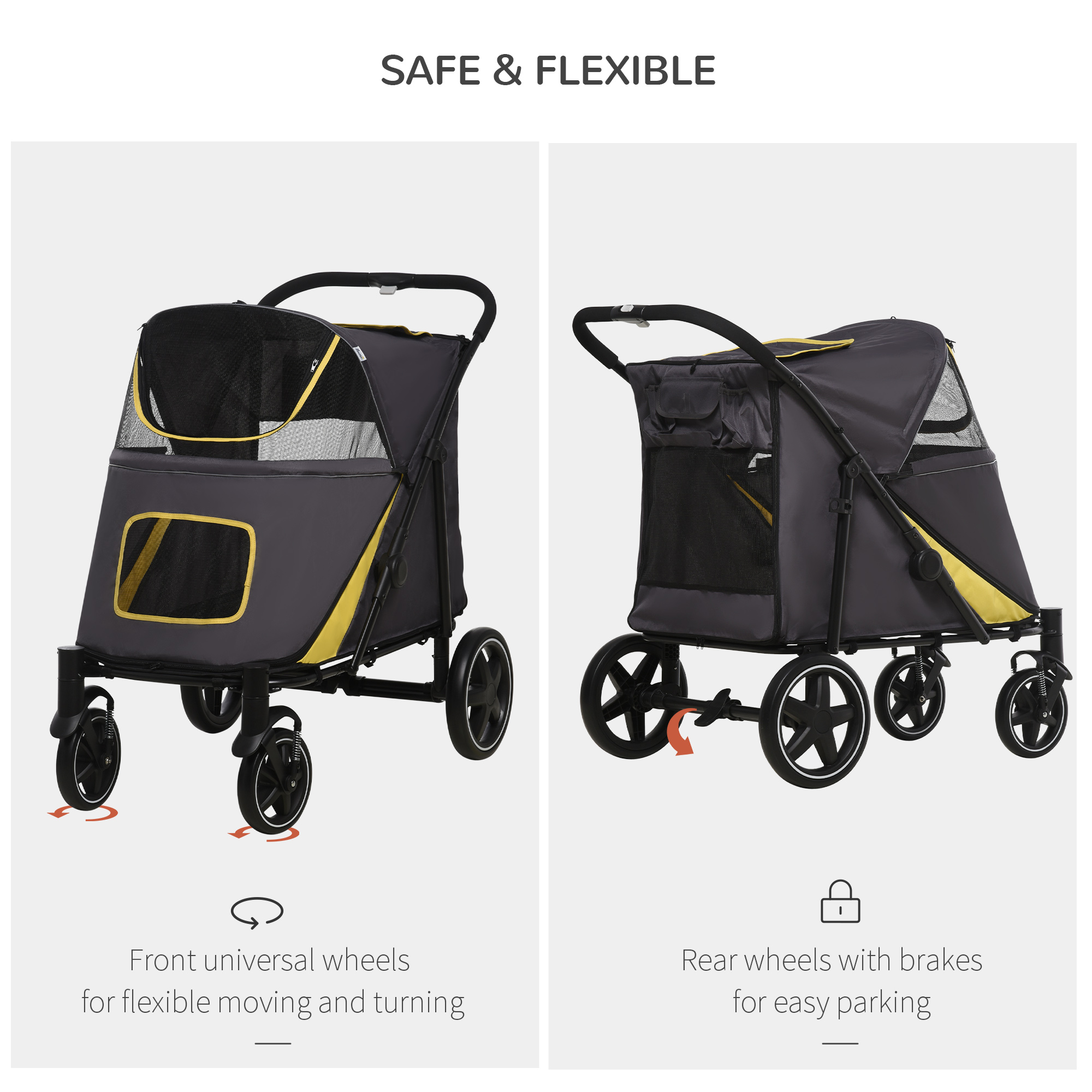 PawHut Pet Stroller with Universal Front Wheels, Shock Absorber, One Click Foldable Dog Cat Carriage with Brakes, Storage Bags, Mesh Window Dark Grey