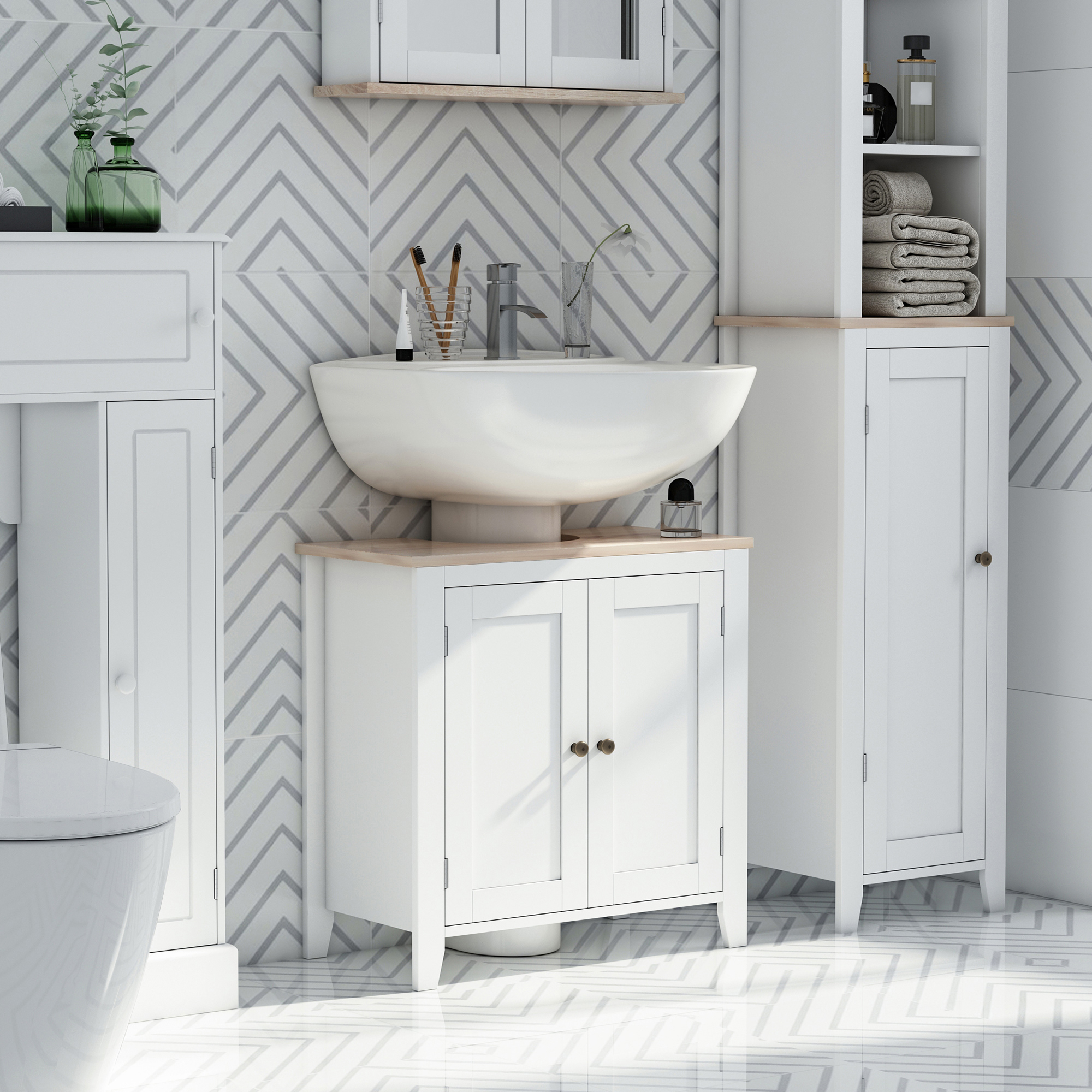 Kleankin Pedestal Under Sink Bathroom Cabinet, Space Saver Design with 2 Doors, Freestanding Organizer with Adjustable Shelf, White