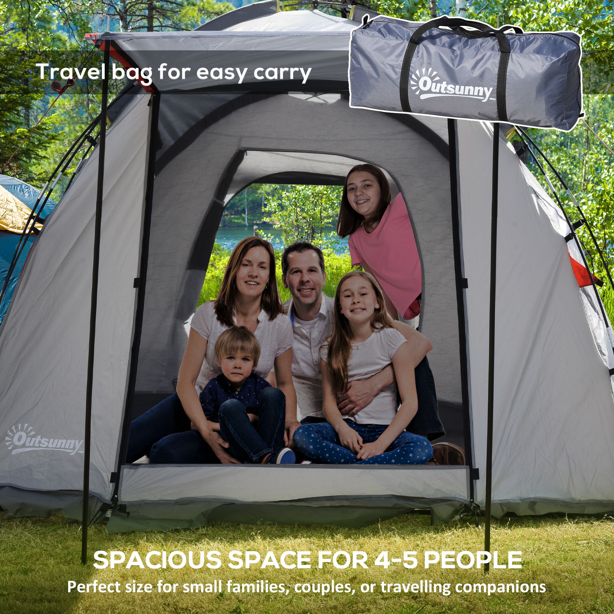 Outsunny 4-5 Man Outdoor Tunnel Tent, Two Room Camping Tent with Portable Mat, Sewn-In Floor Breathable Mesh Windows for Fishing, Festival, Hiking