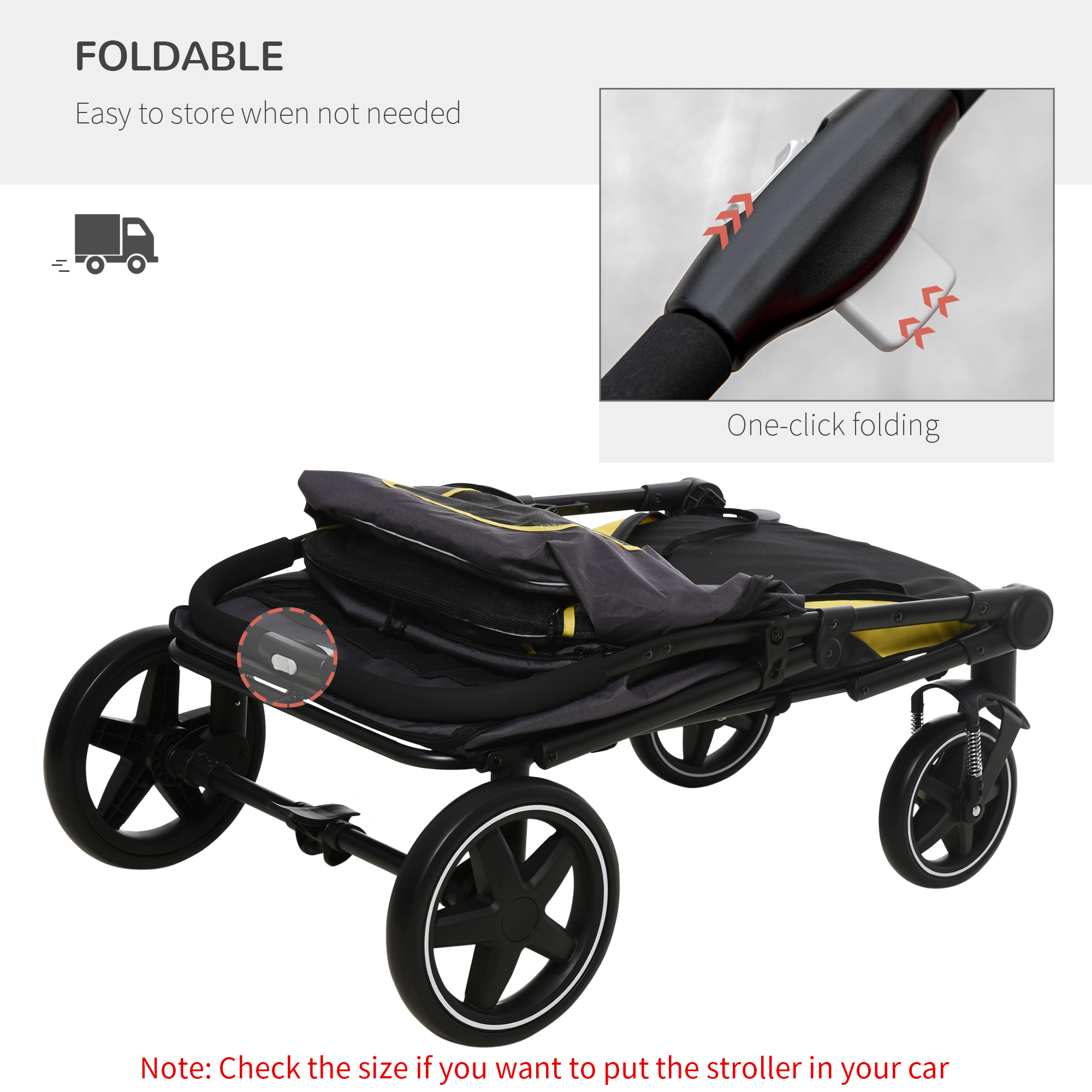 PawHut Pet Stroller with Universal Front Wheels, Shock Absorber, One Click Foldable Dog Cat Carriage with Brakes, Storage Bags, Mesh Window Dark Grey