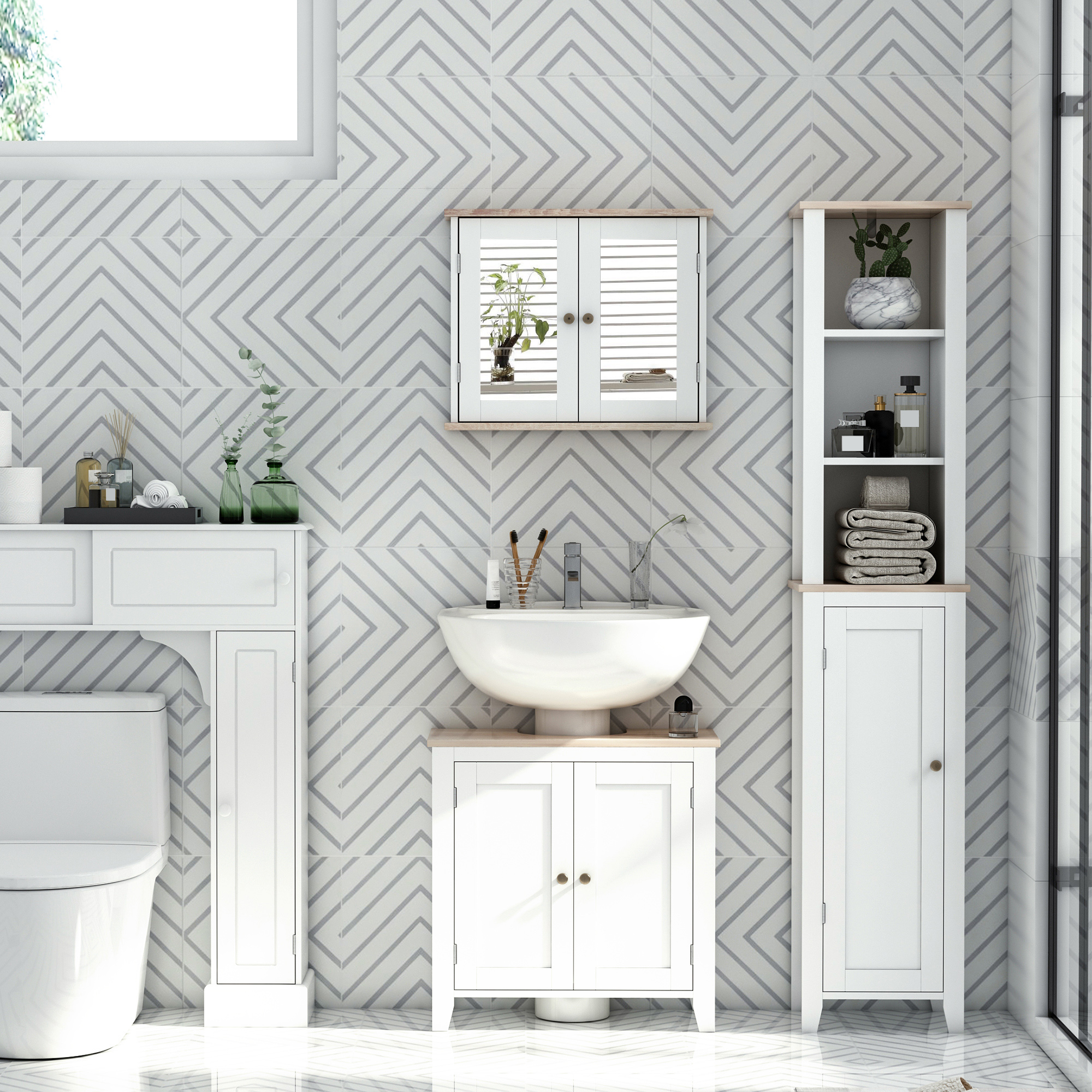 Kleankin Pedestal Under Sink Bathroom Cabinet, Space Saver Design with 2 Doors, Freestanding Organizer with Adjustable Shelf, White