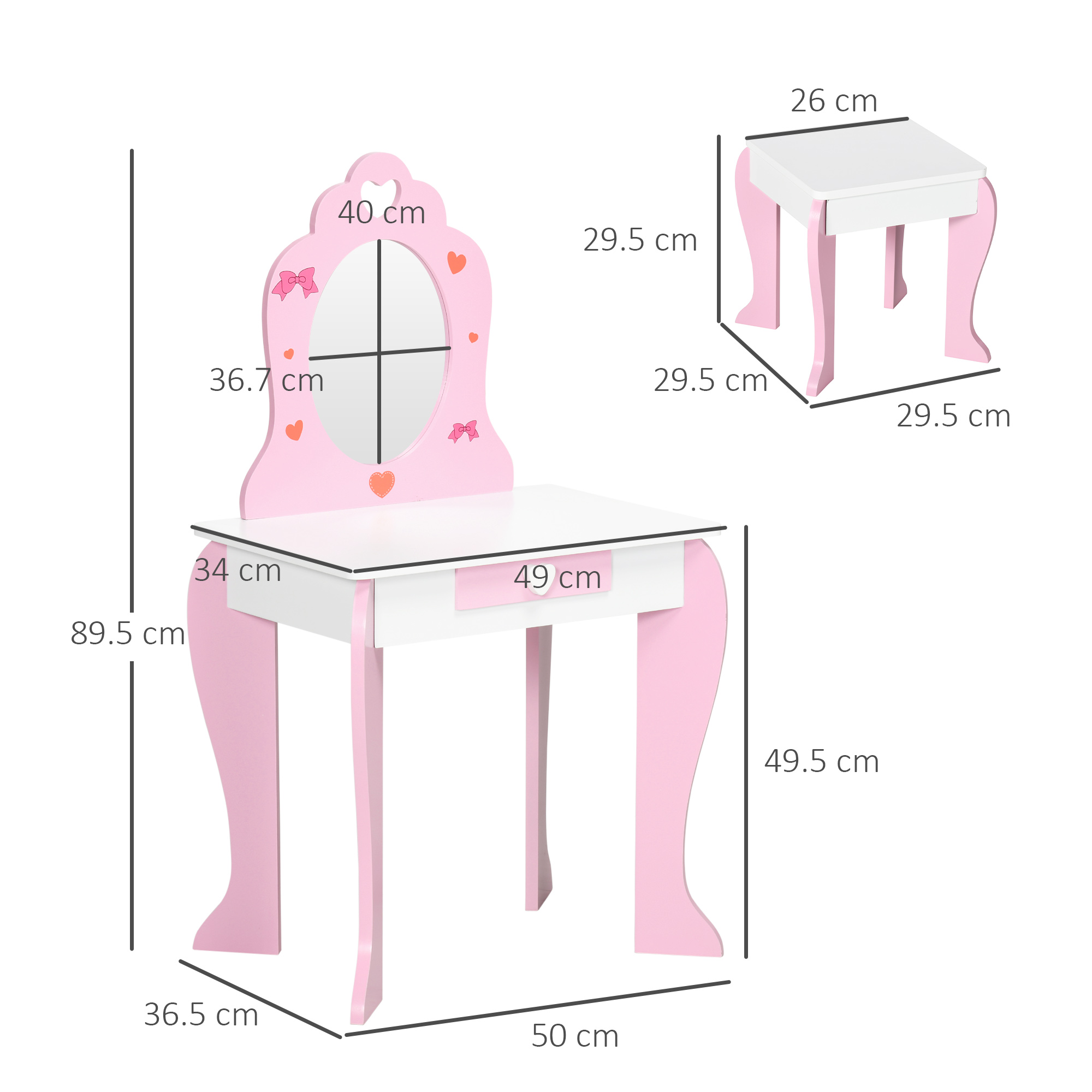 ZONEKIZ Pink Kids Vanity Set with Dressing Table, Mirror, Stool, Drawer, Cute Patterns, for 3-6 Years Old