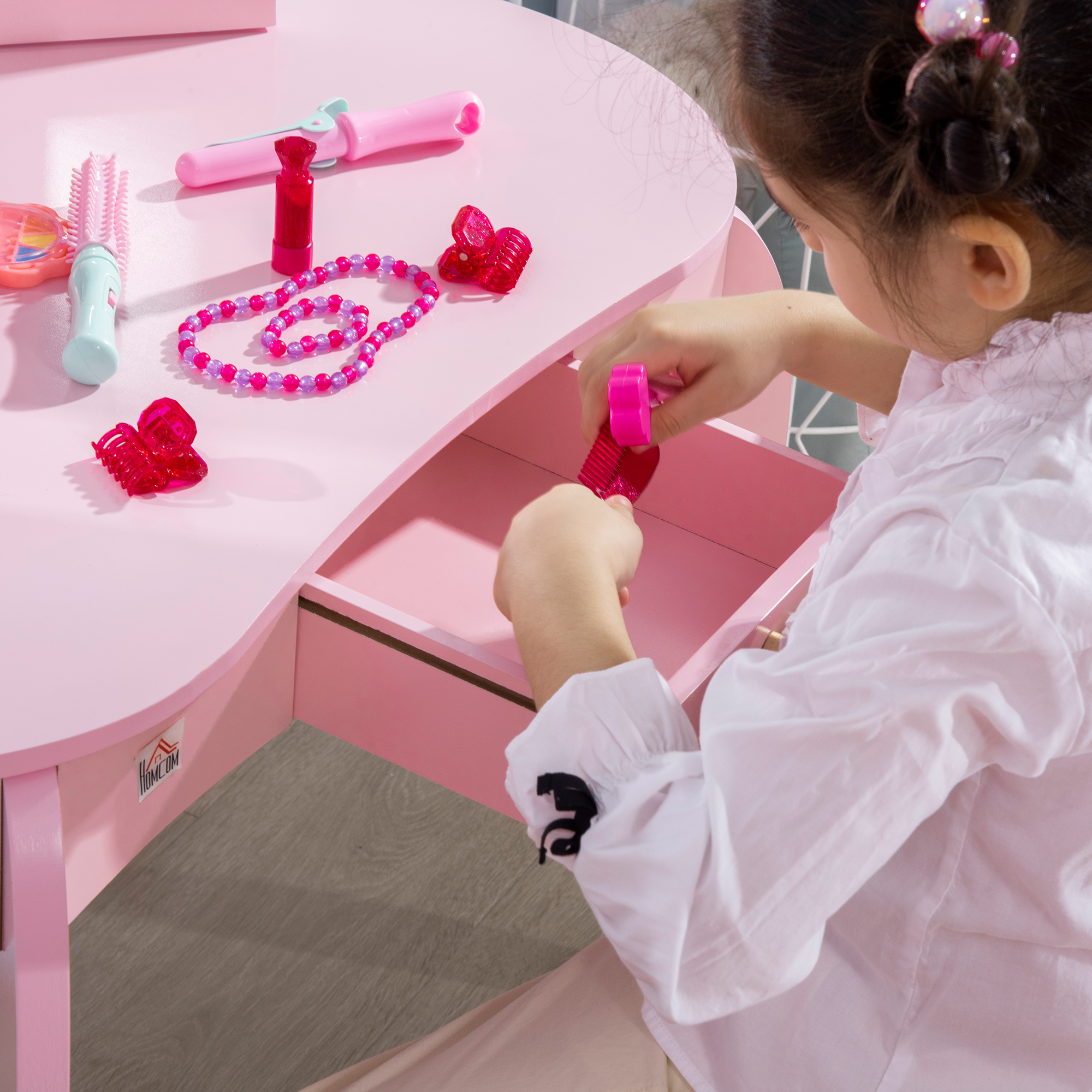 ZONEKIZ Kids Dressing Table with Mirror and Stool, Kids Vanity Set, Girl Makeup Desk with Rotatable Mirrors and Drawer, Pink