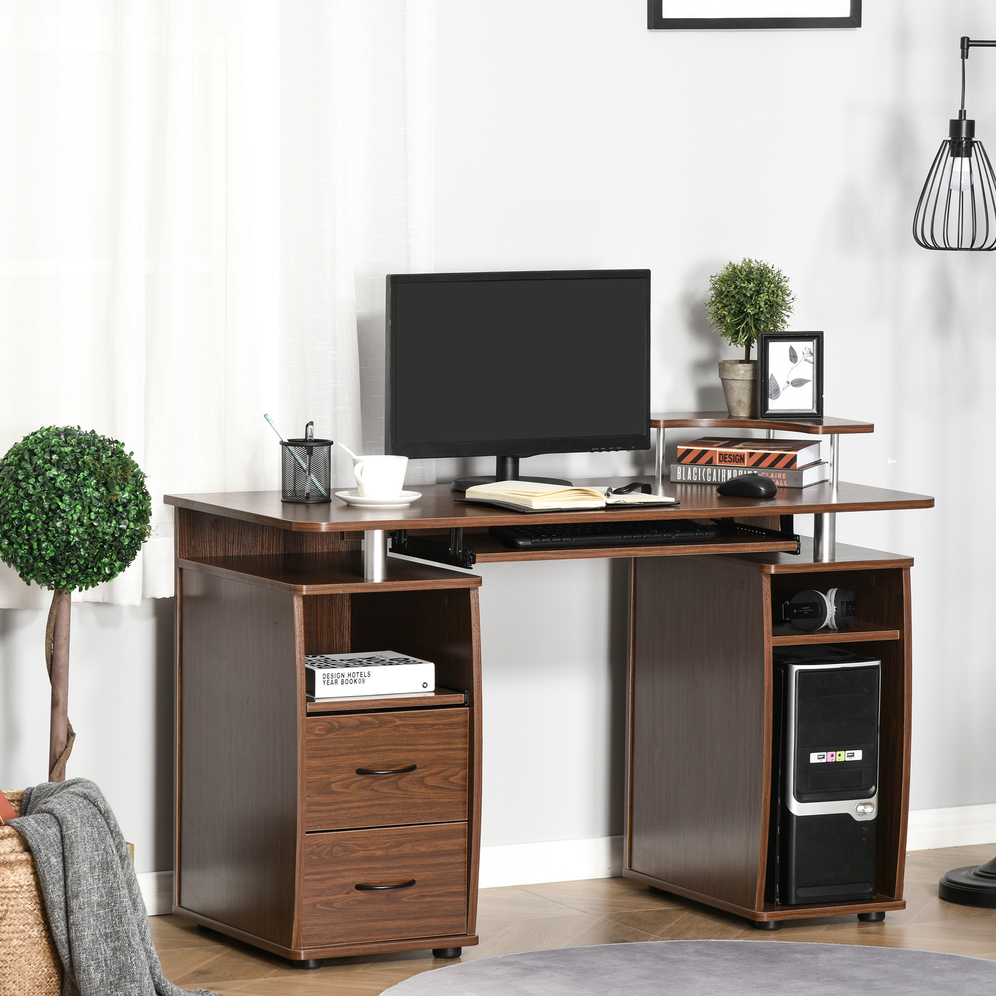 HOMCOM Computer Desk Office PC Table Workstation Gaming Study with Keyboard Tray, CPU Shelf, Drawers, Sliding Scanner Shelf, Brown