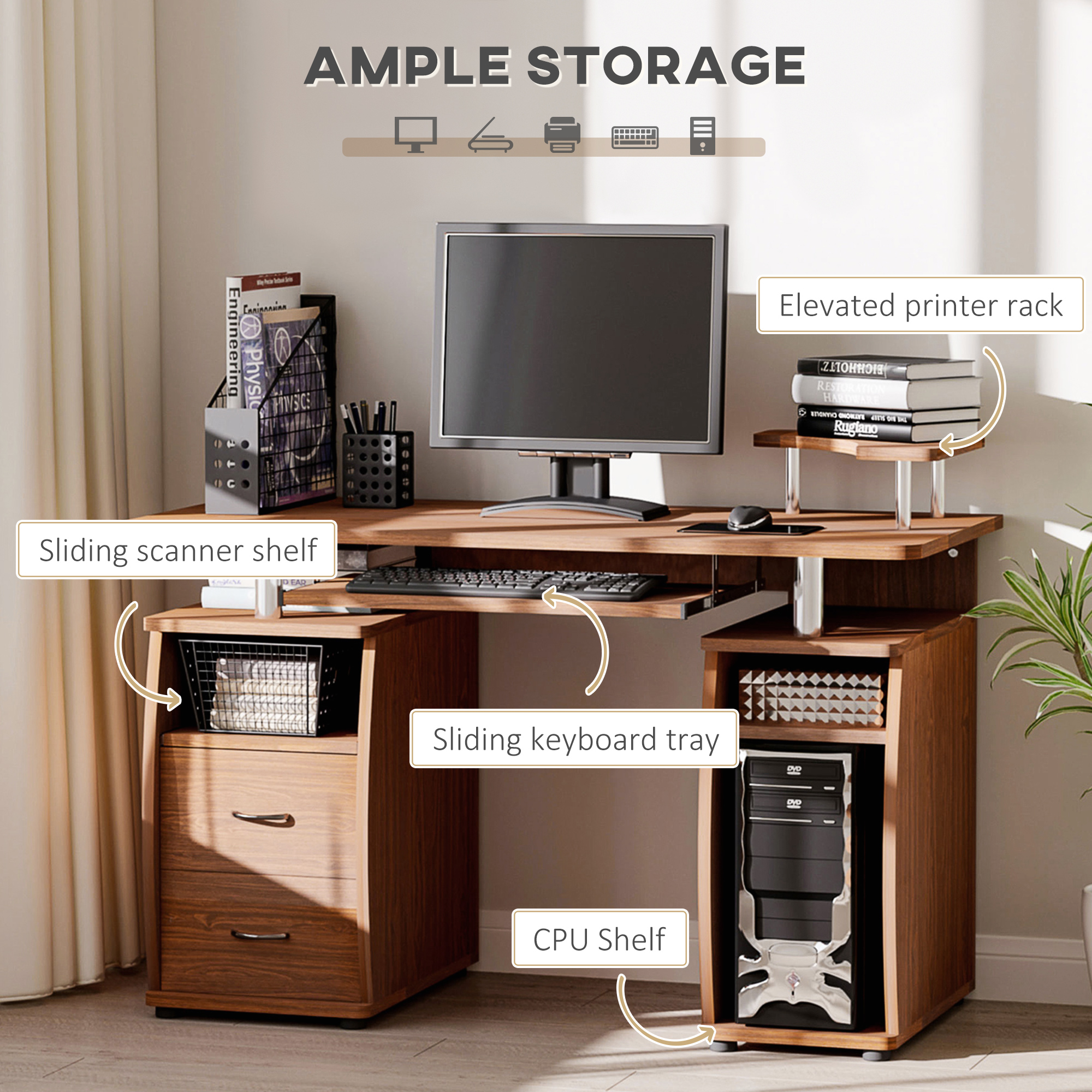 HOMCOM Computer Desk Office PC Table Workstation Gaming Study with Keyboard Tray, CPU Shelf, Drawers, Sliding Scanner Shelf, Brown