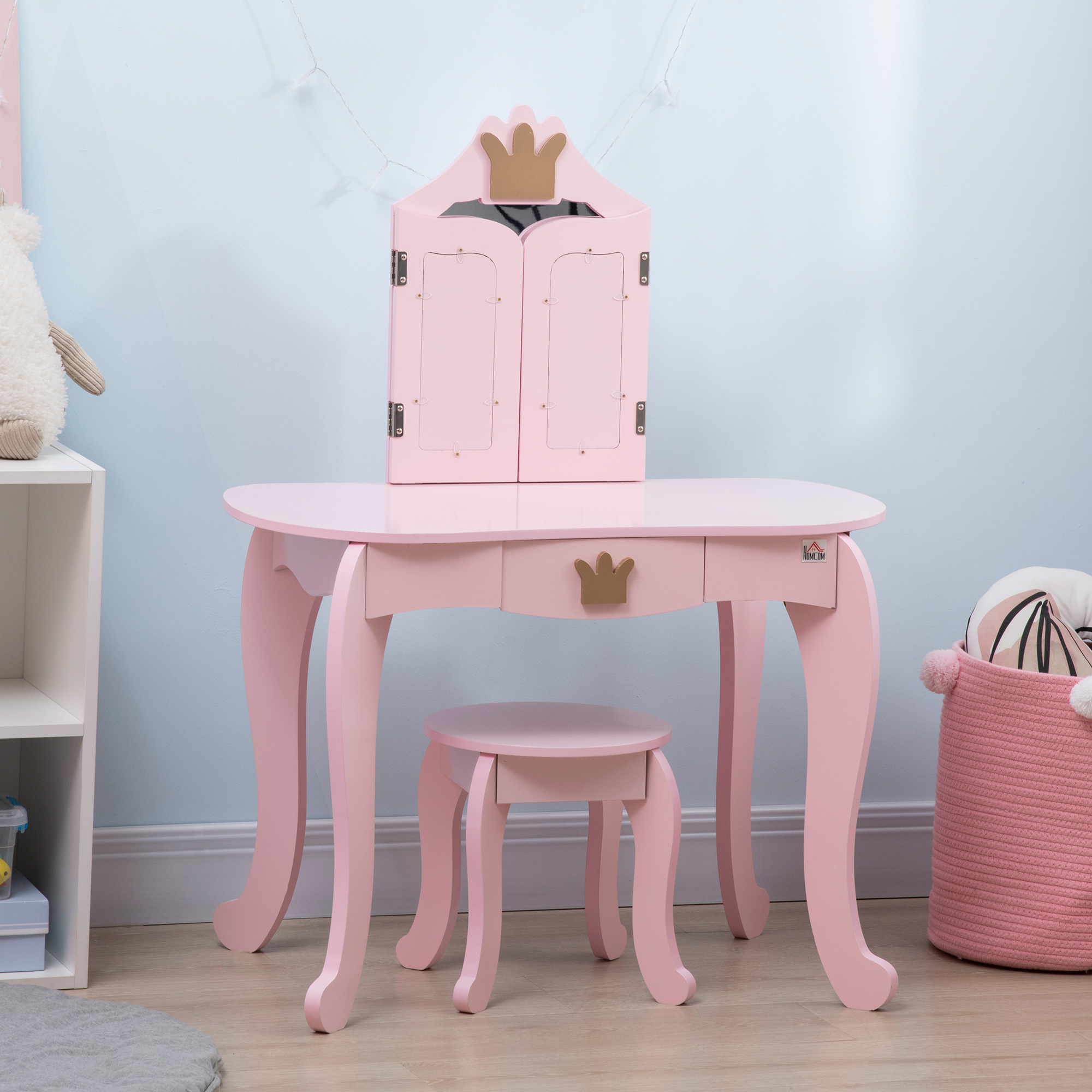 ZONEKIZ Kids Dressing Table with Mirror and Stool, Kids Vanity Set, Girl Makeup Desk with Rotatable Mirrors and Drawer, Pink