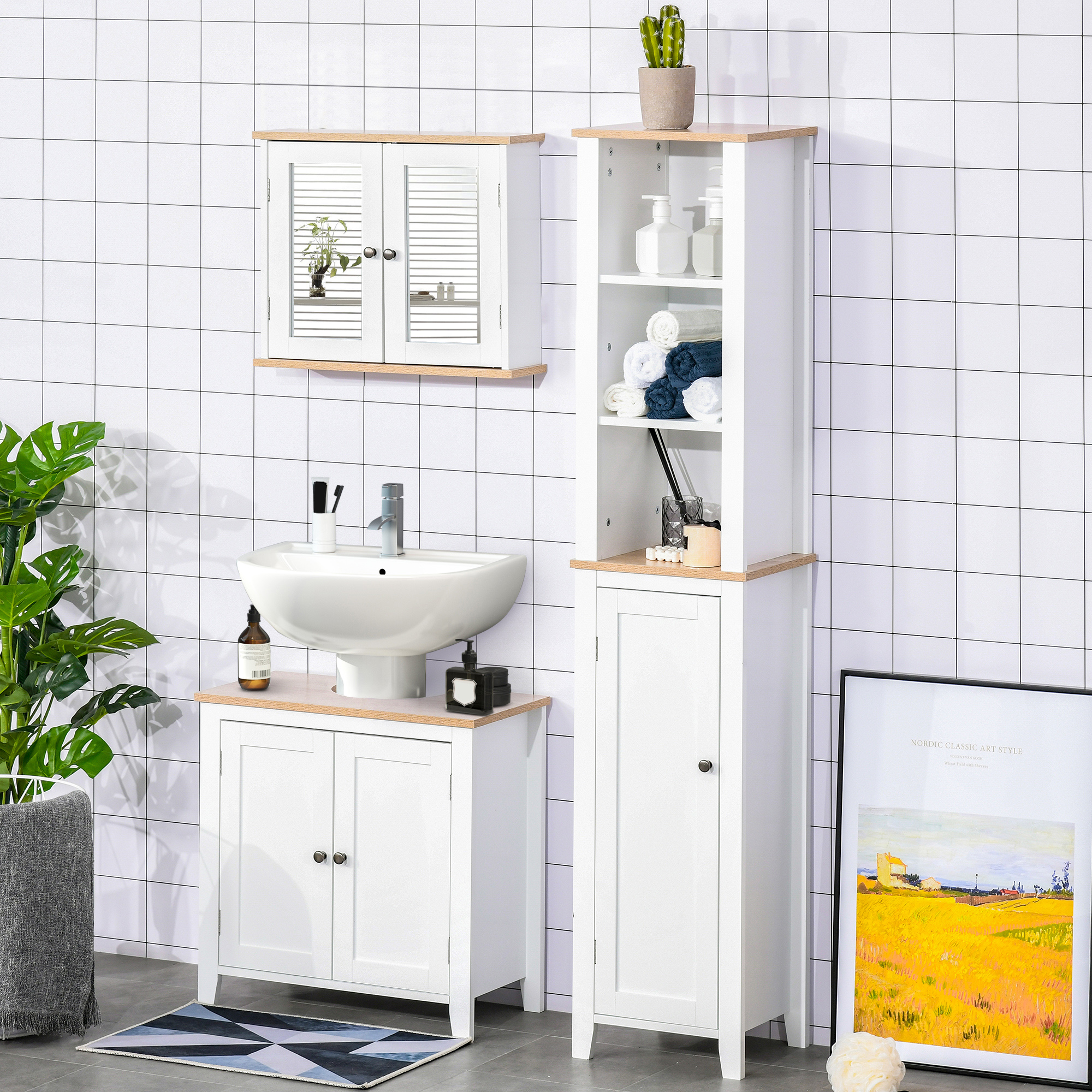 Kleankin Pedestal Under Sink Bathroom Cabinet, Space Saver Design with 2 Doors, Freestanding Organizer with Adjustable Shelf, White