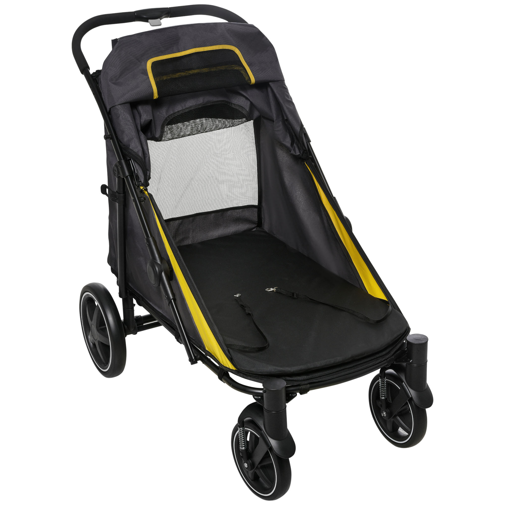 PawHut Pet Stroller with Universal Front Wheels, Shock Absorber, One Click Foldable Dog Cat Carriage with Brakes, Storage Bags, Mesh Window Dark Grey