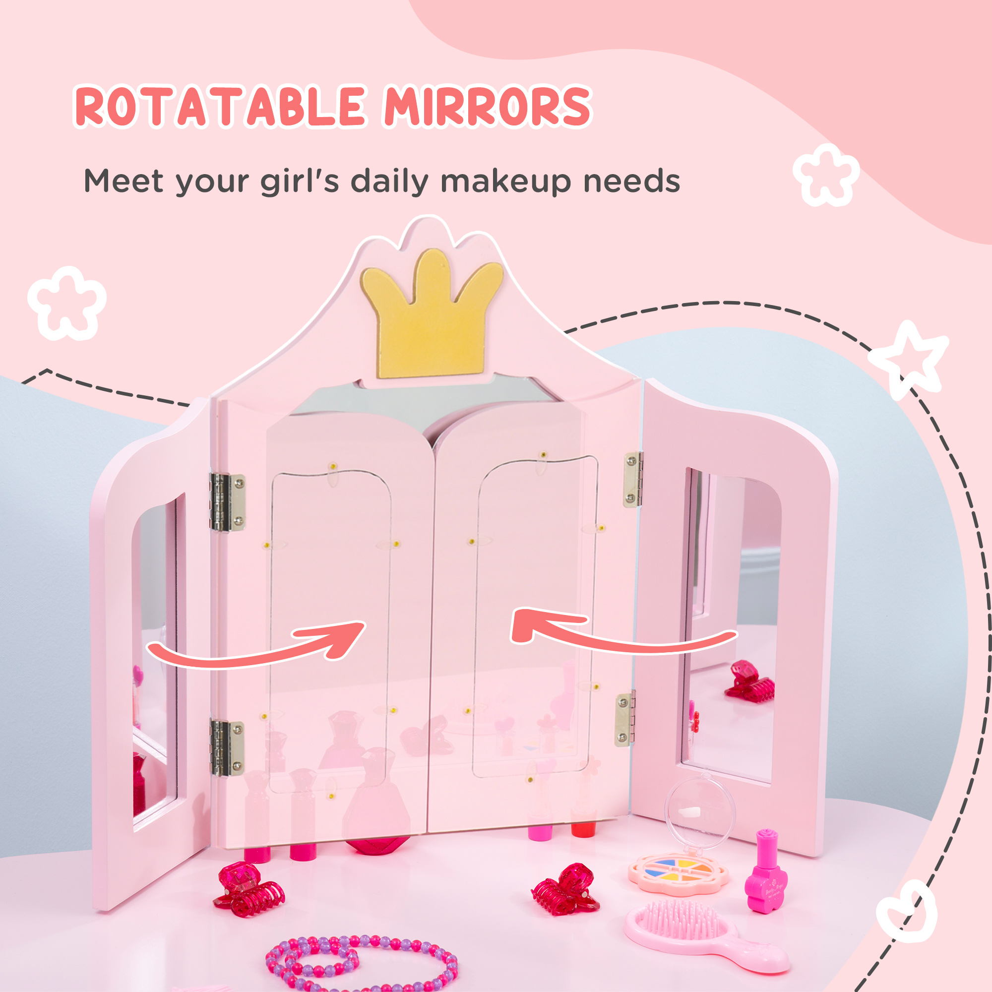 ZONEKIZ Kids Dressing Table with Mirror and Stool, Kids Vanity Set, Girl Makeup Desk with Rotatable Mirrors and Drawer, Pink