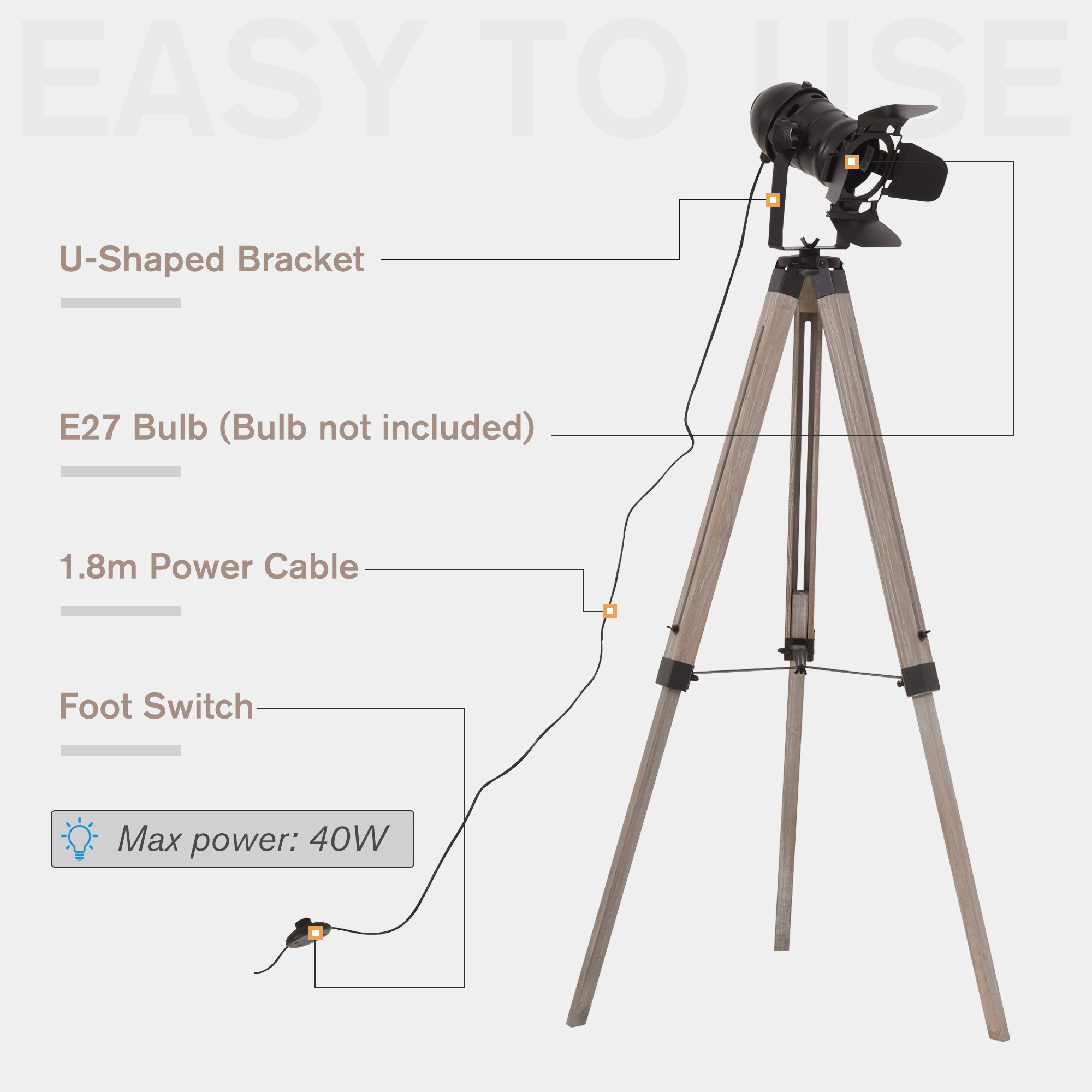 HOMCOM Industrial Style Tripod Floor Lamp Vintage Spotlight Reading Lamp w/ Wood Metal Legs E27 Base VersatilHOMCOM Use For Living Room Bedroom