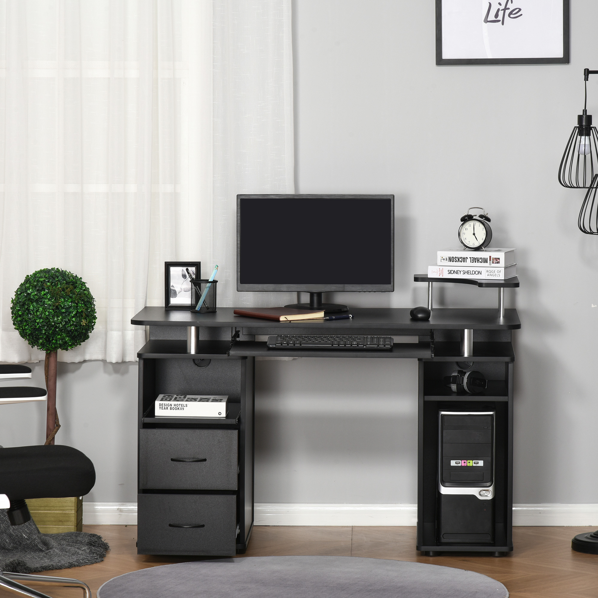 HOMCOM Computer Desk Office PC Table Workstation with Keyboard Tray, CPU Shelf, Drawers, Sliding Scanner Shelf, Black