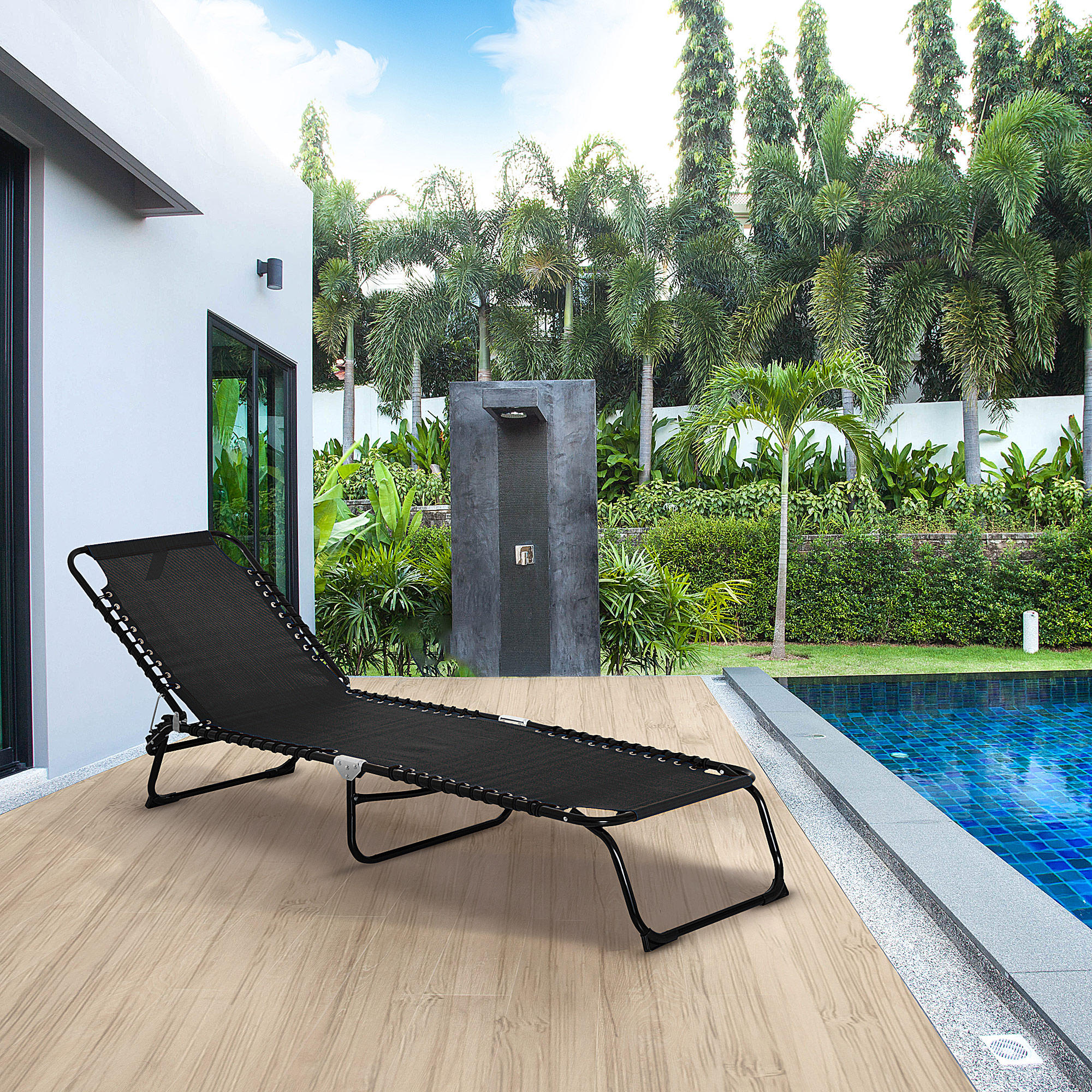 Outsunny Garden Reclining Lounger, Folding with 4 Position Adjustable Back, 100% PVC Fabric, Camping and Hiking Recliner, Black