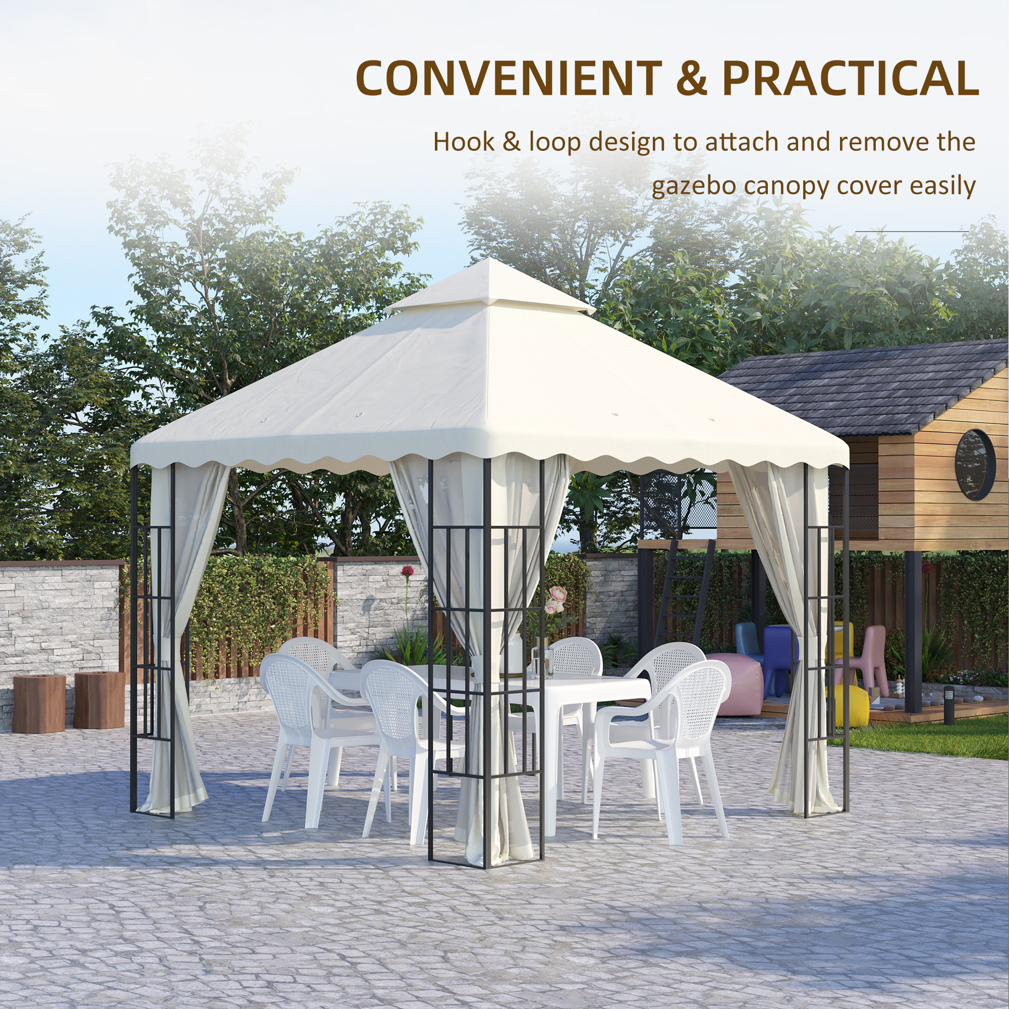 Outsunny Replacement Gazebo Canopy Covers 3x3m, 2-Tier Roof, Weather-Resistant, Cream White