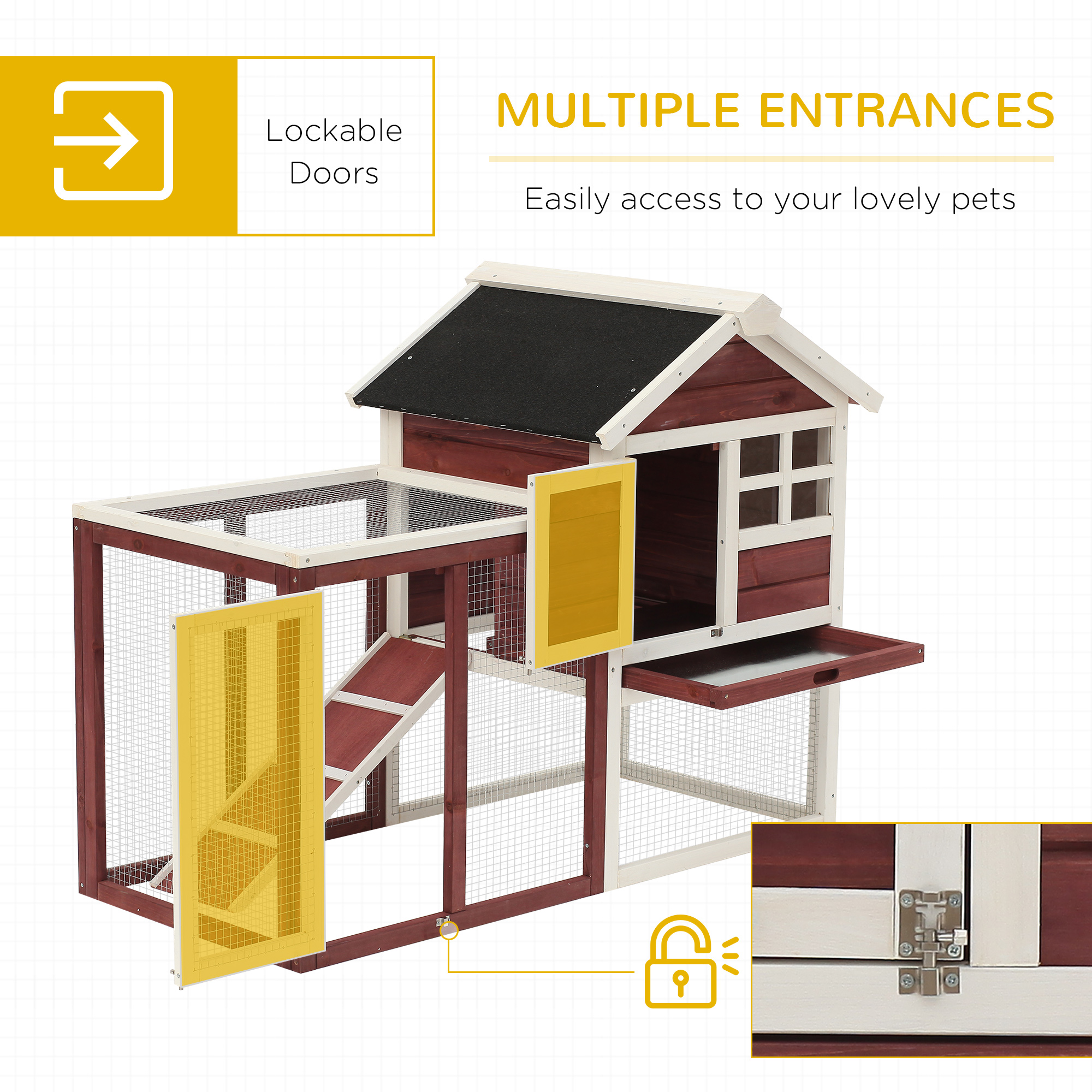 PawHut 122 Wooden Rabbit Hutch Bunny Cage with Waterproof Asphalt Roof, Fun Outdoor Run, Removable Tray and Ramp, Brown