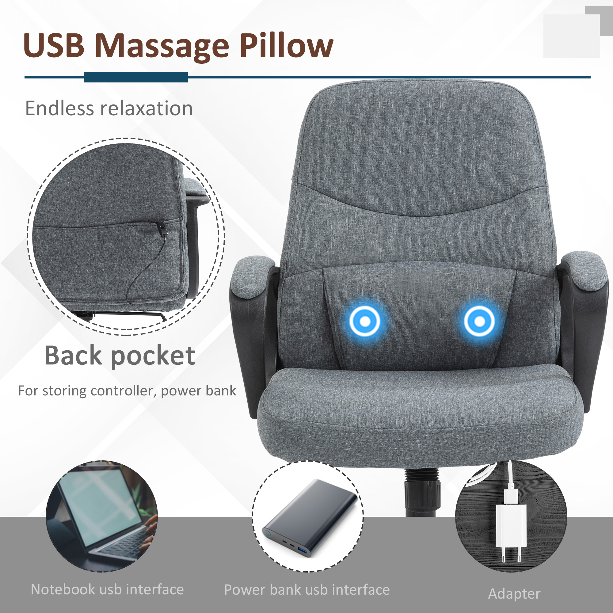 Vinsetto Ergonomic High Back Office Chair with Massage Lumbar Support, Adjustable Height, 360Â° Swivel, Grey