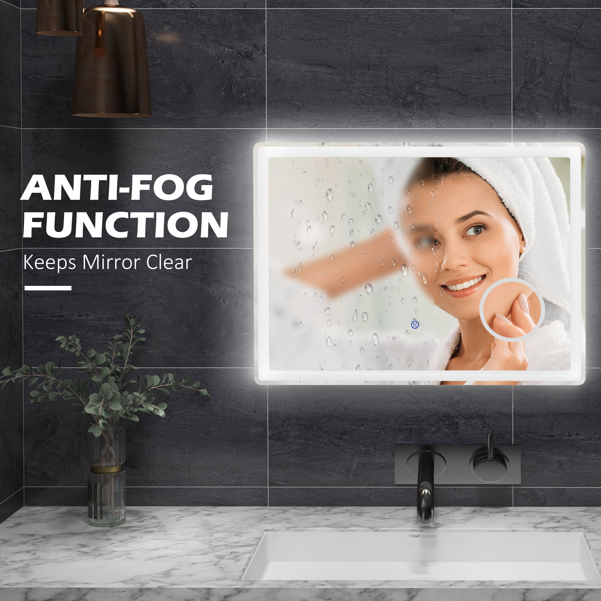 Kleankin LED Illuminated Bathroom Mirror, Dimmable, 3X Magnification, Vanity Mirror with 3 Colour Lighting