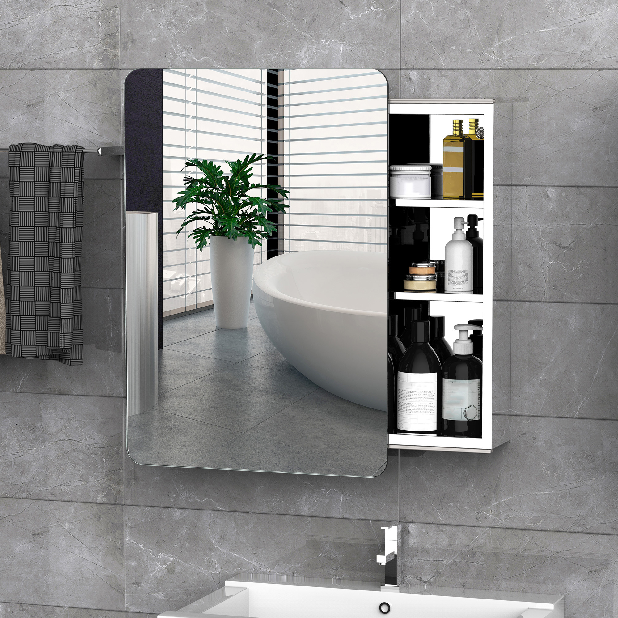 kleankin On-Wall Mounted Bathroom Storage Cabinet w/Sliding Mirror Door 3 Shelves Stainless Steel Frame 