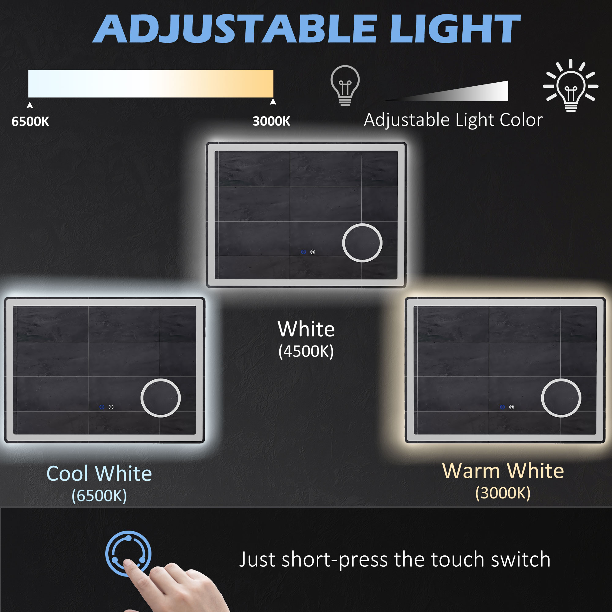 Kleankin LED Illuminated Bathroom Mirror, Dimmable, 3X Magnification, Vanity Mirror with 3 Colour Lighting