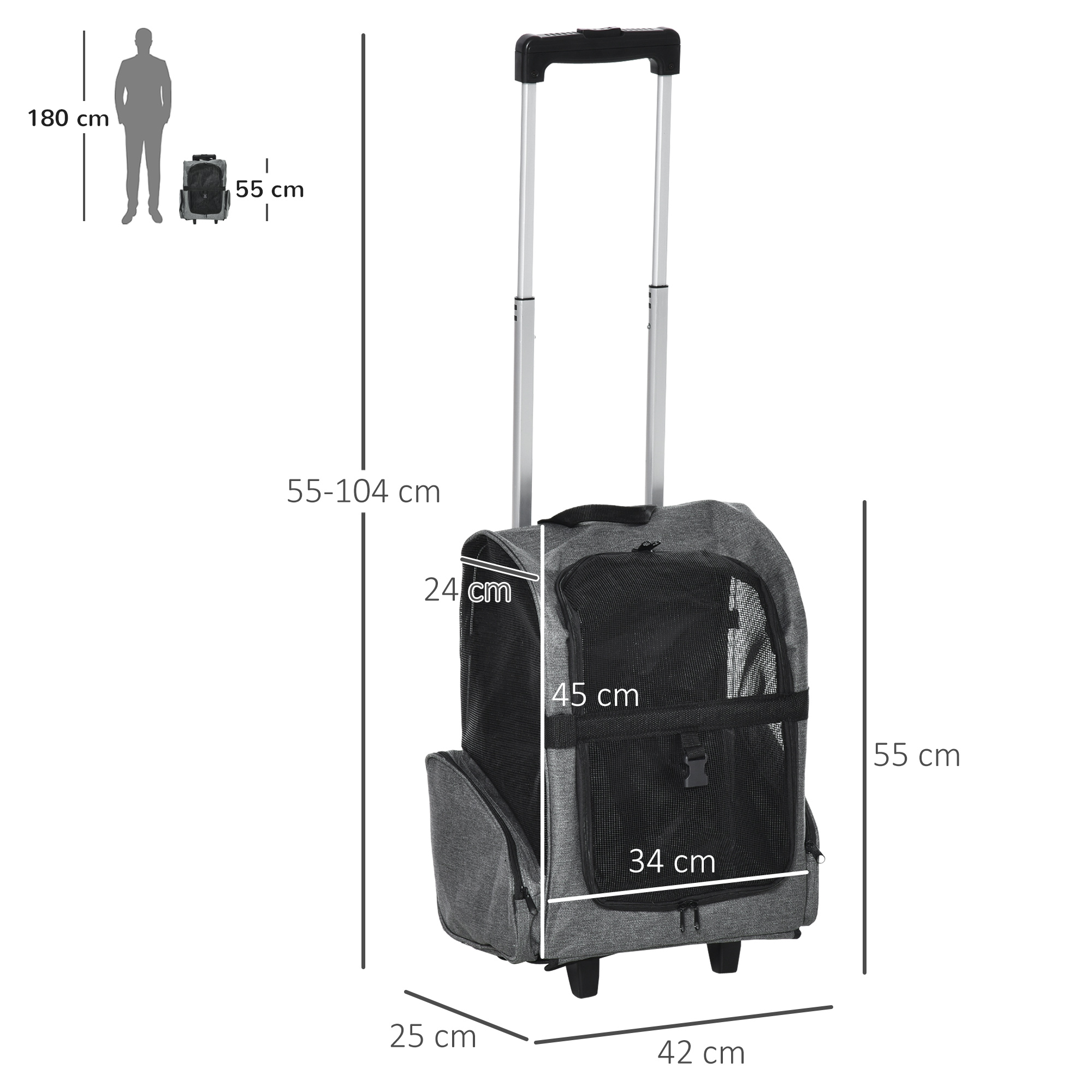 PawHut Portable Dog Travel Bag, Pet Carry Backpack with Trolley, Telescopic Handle, Stroller Wheel Luggage, Grey