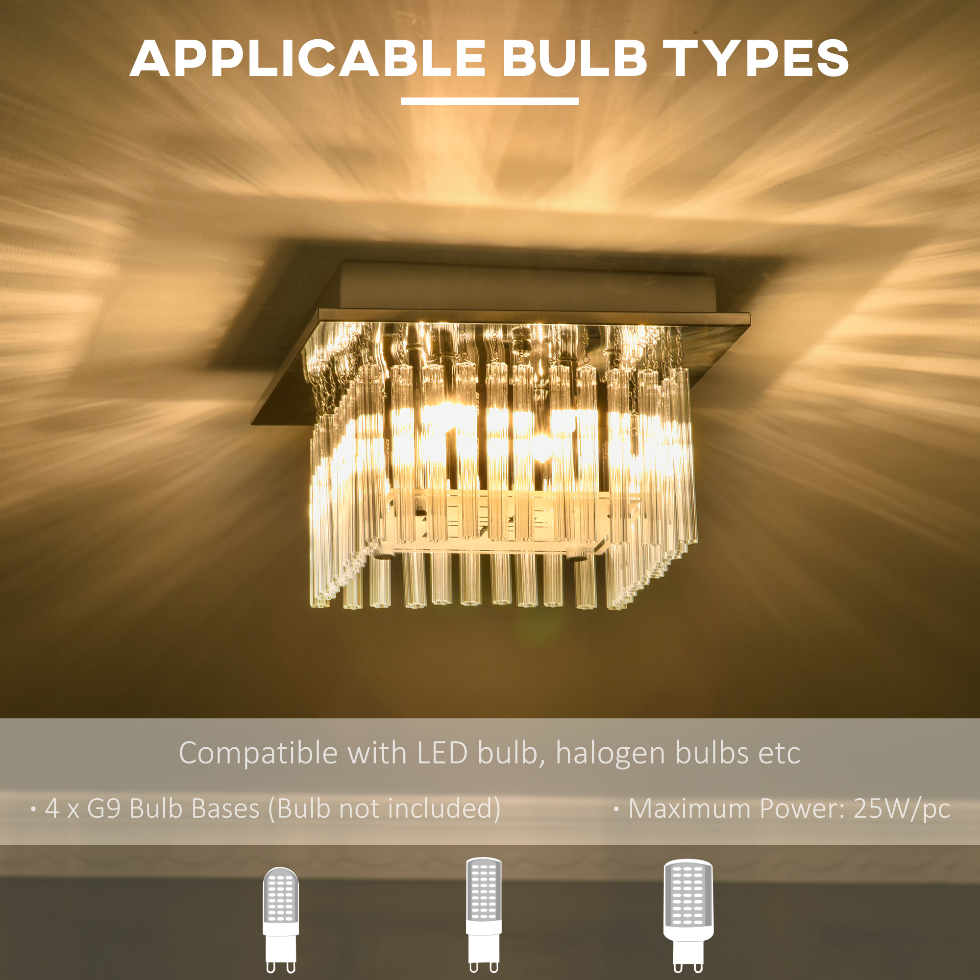 HOMCOM Modern Raindrop K9 Crystal Chandelier, Flush Mount Ceiling Light Fixture, Square Pendant Lamp for Living Room 4 G9 Bulbs Required 32W x 20H cm