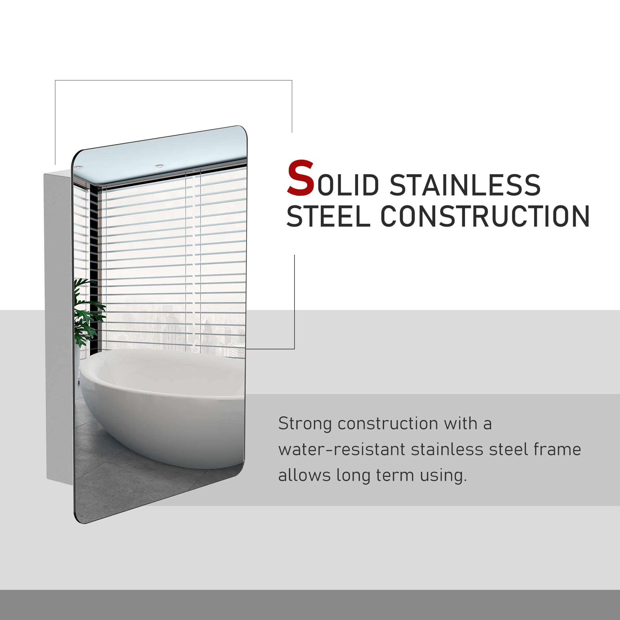 kleankin On-Wall Mounted Bathroom Storage Cabinet w/Sliding Mirror Door 3 Shelves Stainless Steel Frame 