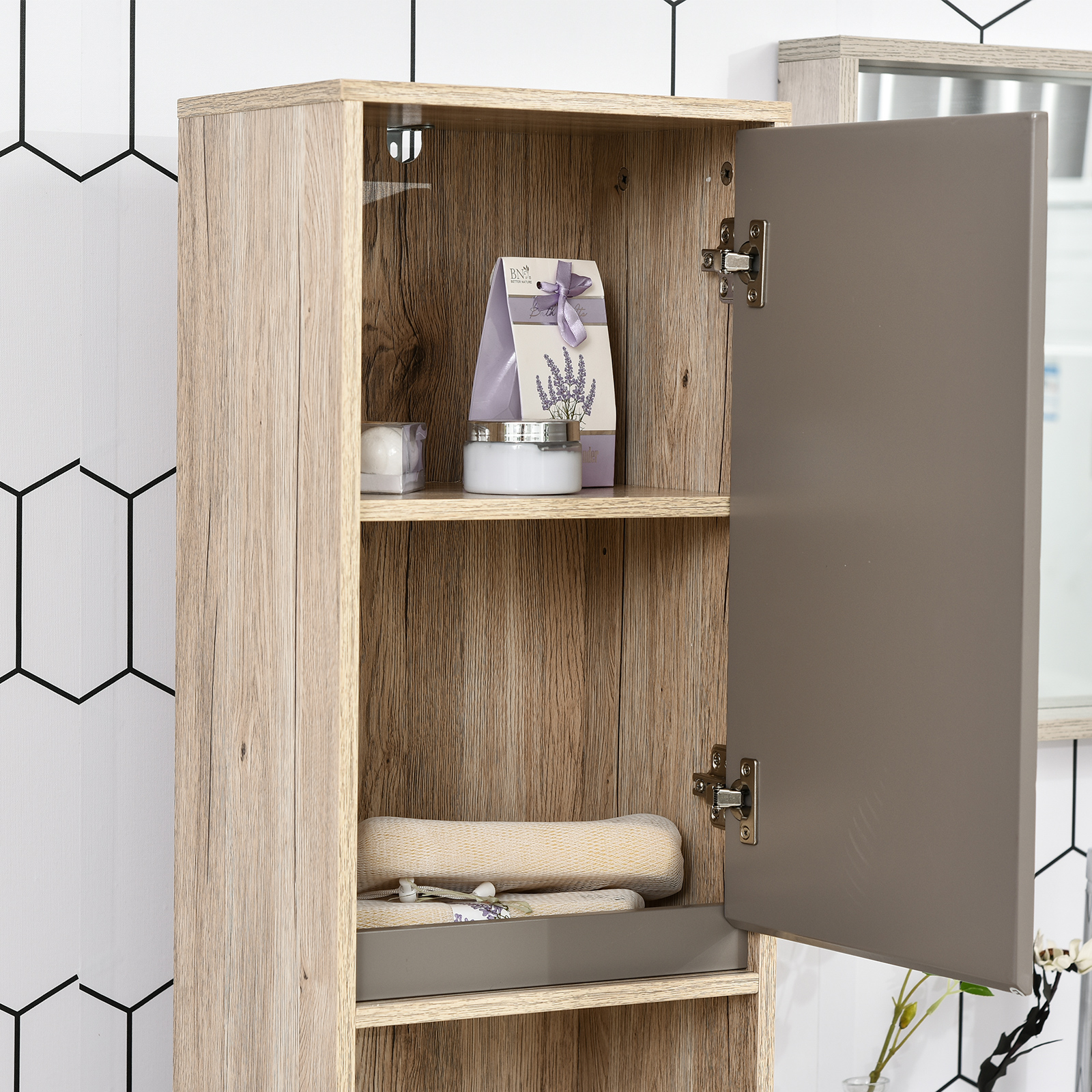 HOMCOM Tall Bathroom Cabinet, Freestanding Bathroom Storage Cabinet with 2 Cupboards 2 Compartments, Anti-Tipping Elevated Base, Grey and Oak Brown