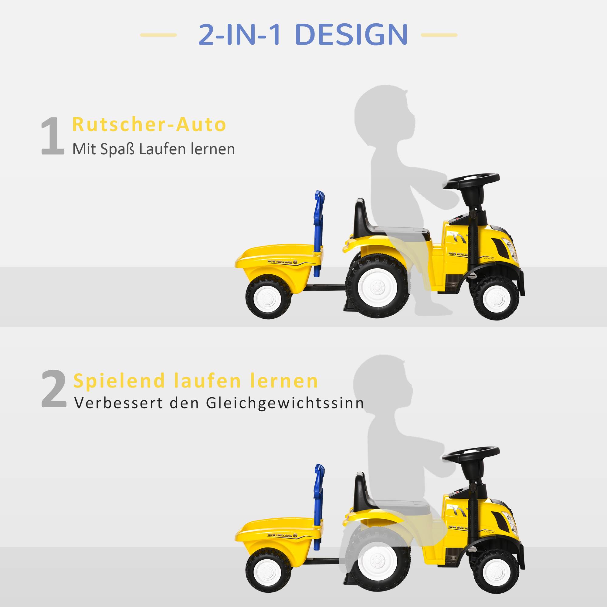 HOMCOM Kinderglijbaan Met Aanhanger Kinderautotrekker Kindervoertuig Schuifvoertuig Claxon Voor 2 Jarige Kinderen Kunststof Metaal Geel 91 X 29 44 Cm 1013949204