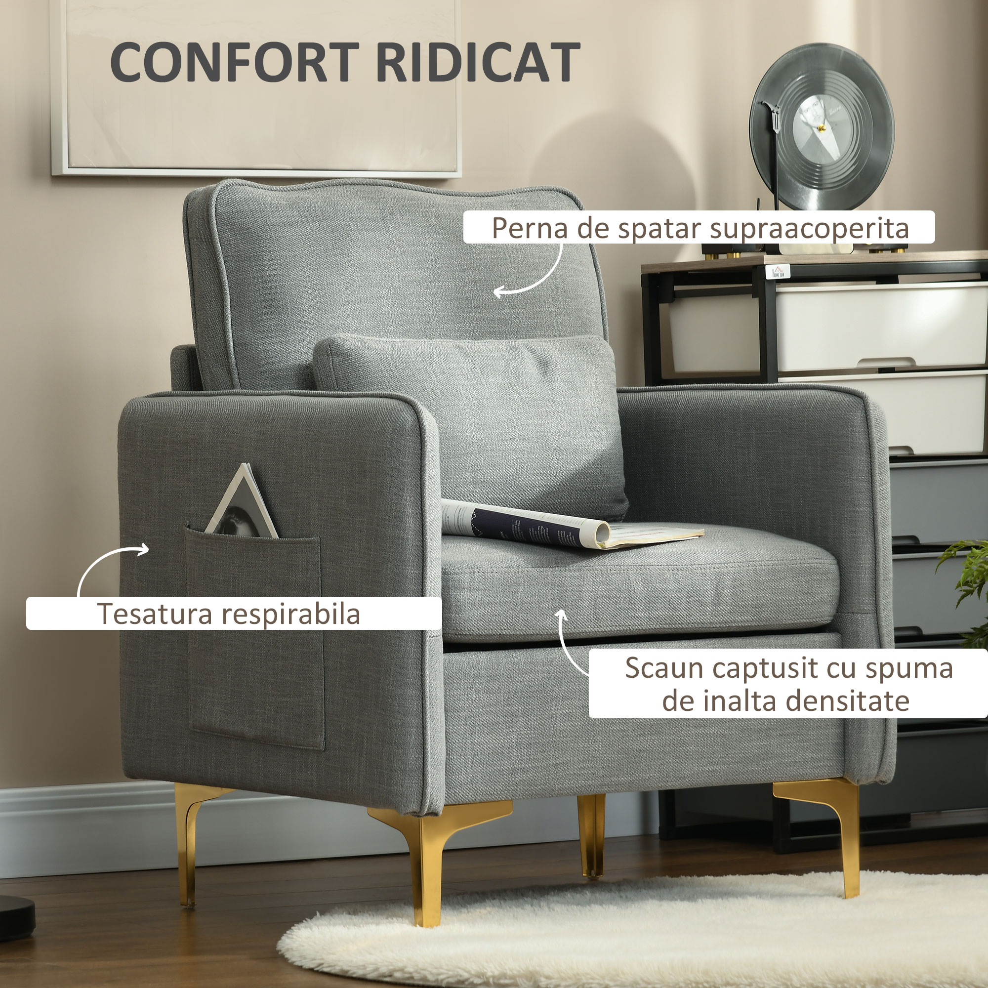  Fotoliu gri din stofa cu captuseala groasa & buzunare laterale [3]