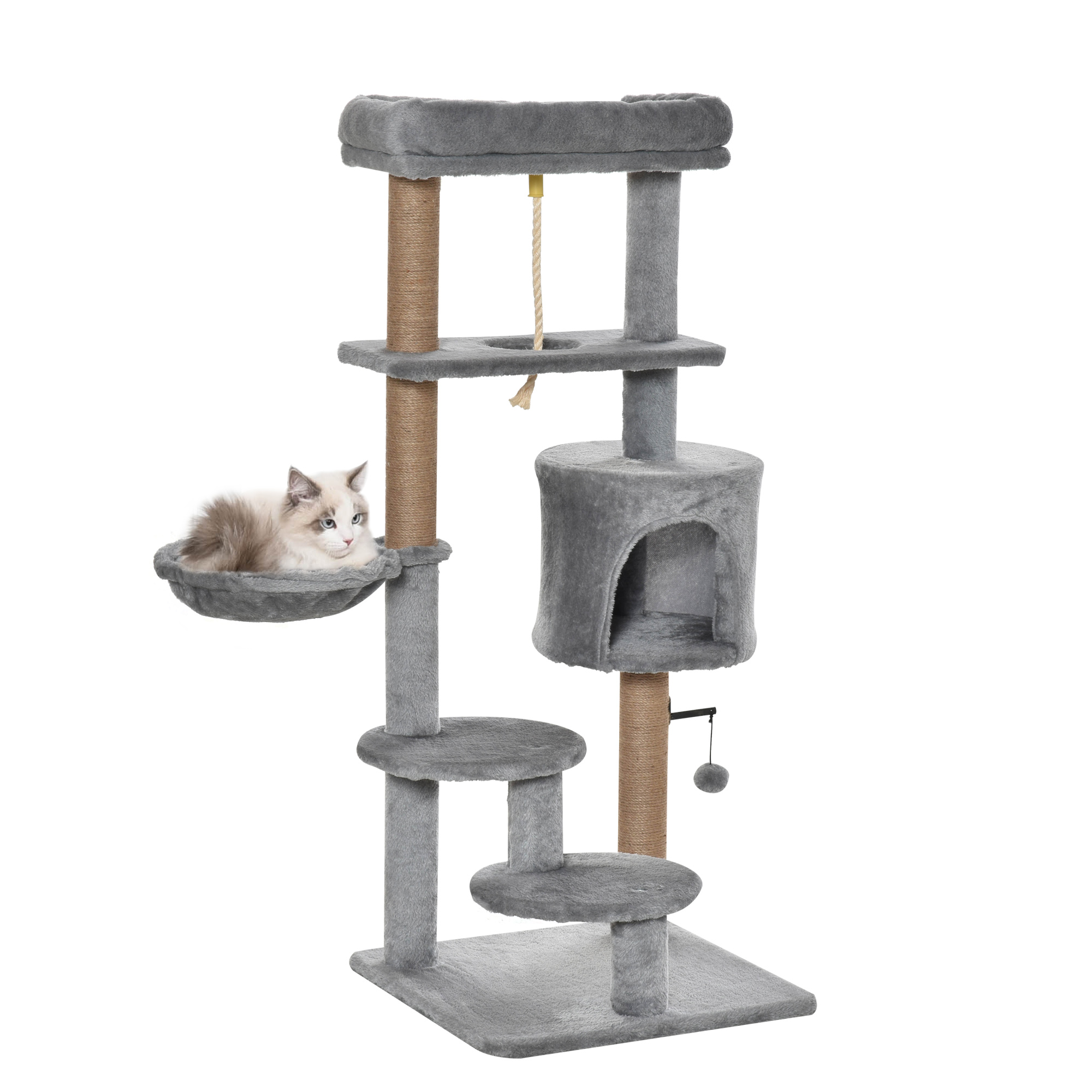 PawHut Árvore Arranhador para Gatos com Plataforma Caverna Rede postes de Juta Corda e Bola Suspensa 48x48x120 cm Cinza   Aosom Portugal