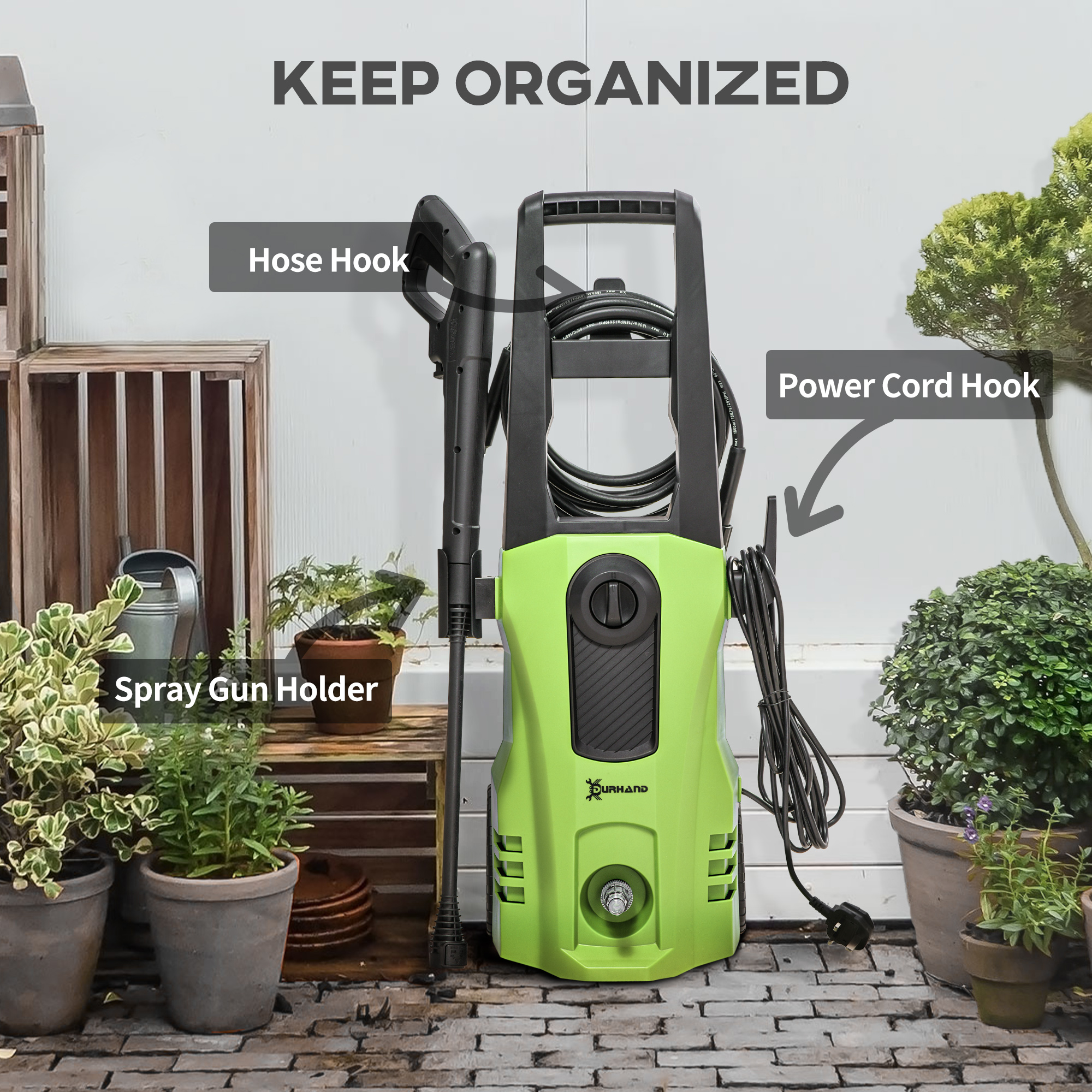 DURHAND 1800W HighÂ PressureÂ Washer, 150 Bar Pressure, 510 L/h Flow, High-Performance Portable Power Washer Jet Wash Cleaner for Garden, Car, Green