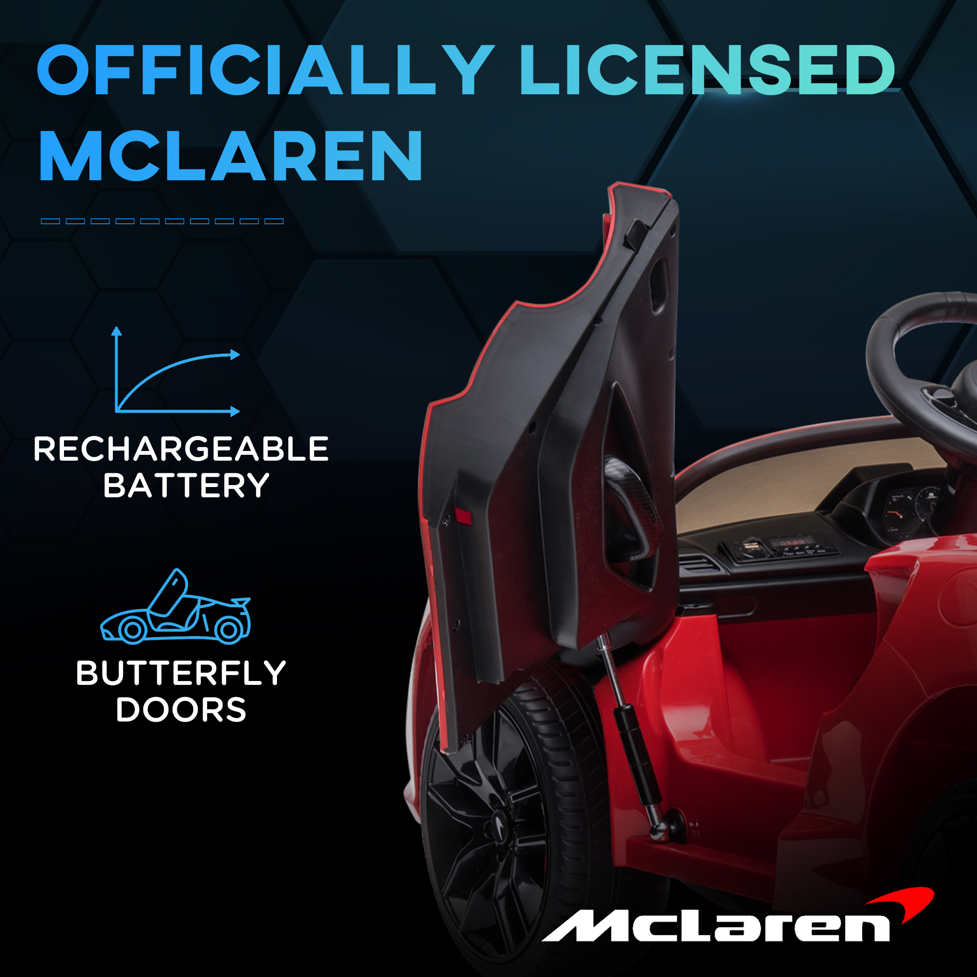 HOMCOM McLaren Officially Licensed Children's Electric Ride-On Car with Scissor Doors, 12V Battery, Parental Remote Control, Sound Effects, MP3, Red