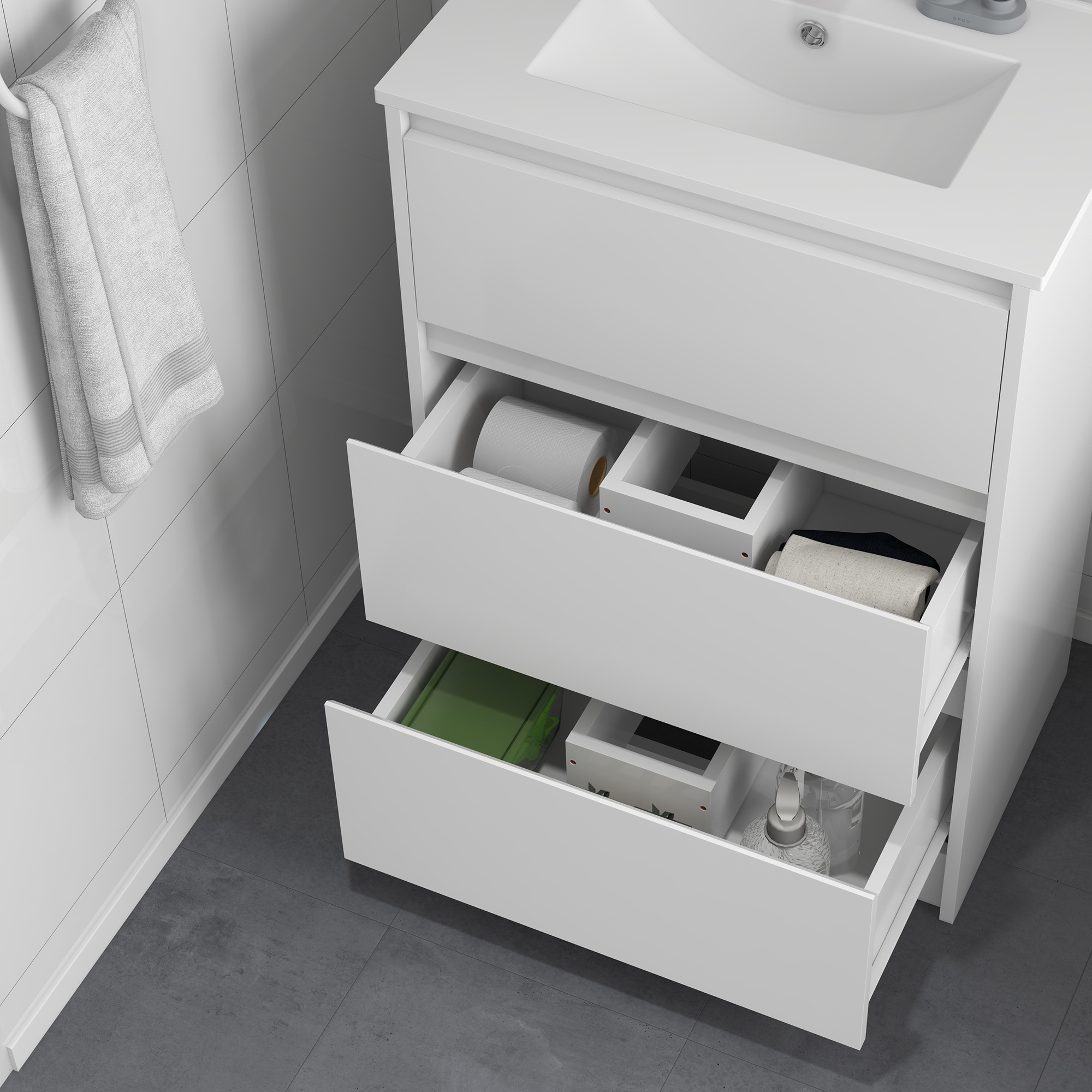Kleankin Floor Standing Vanity Unit, 600mm Bathroom Sink Cabinet with Basin, Single Tap Hole, High Gloss, 2 Drawers - White
