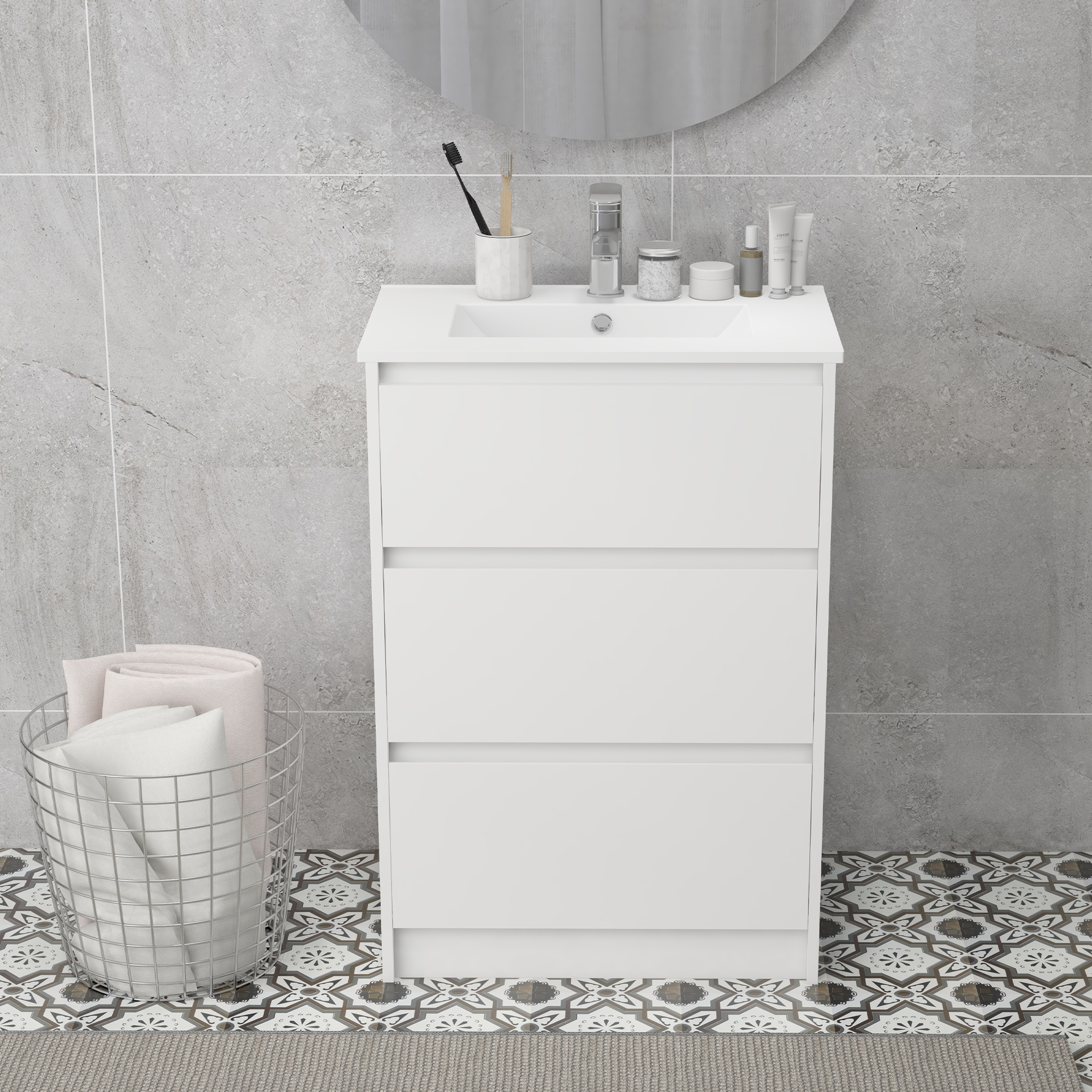 Kleankin Floor Standing Vanity Unit, 600mm Bathroom Sink Cabinet with Basin, Single Tap Hole, High Gloss, 2 Drawers - White