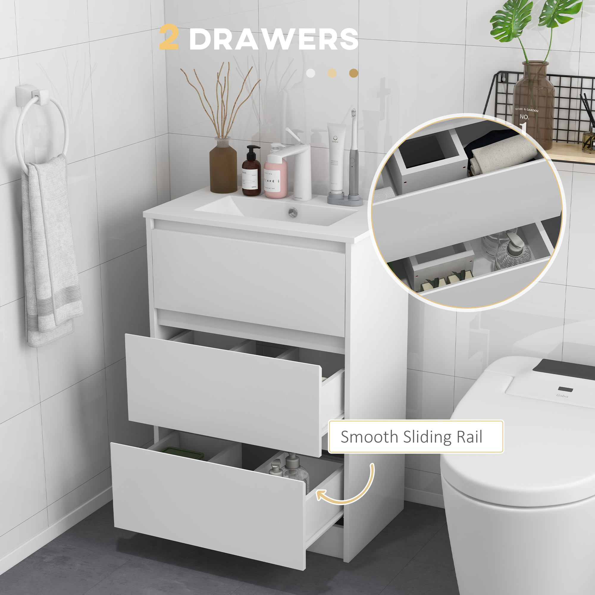 Kleankin Floor Standing Vanity Unit, 600mm Bathroom Sink Cabinet with Basin, Single Tap Hole, High Gloss, 2 Drawers - White