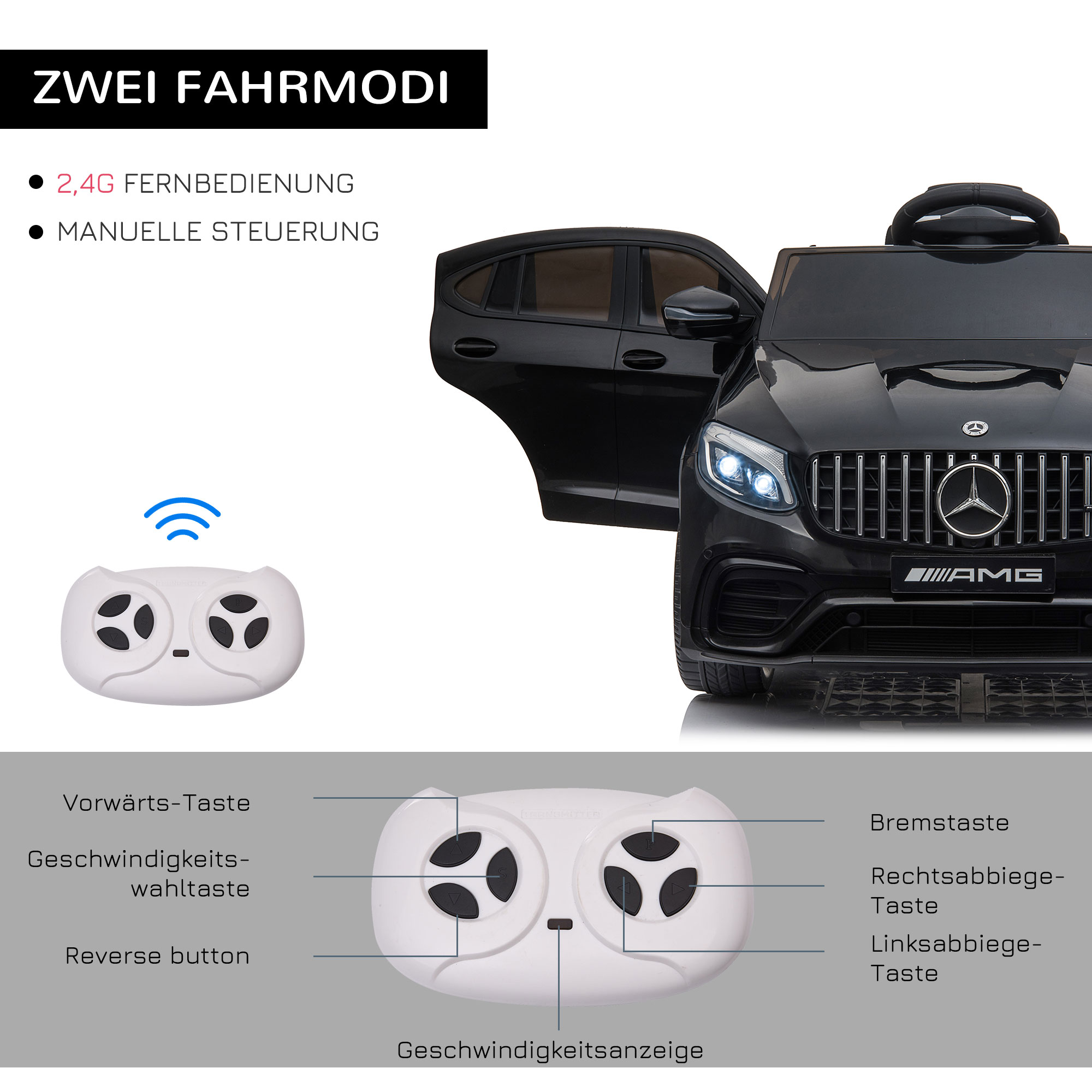 HOMCOM Kinderfahrzeug Mercedes-Benz AMG GLA45 lizenzierter Elektroauto mit  Fernbedienung 2 x 35W Motoren MP3 Sicherheitsgurt 37-60 Monate Schwarz 115  x 70 x 55 cm
