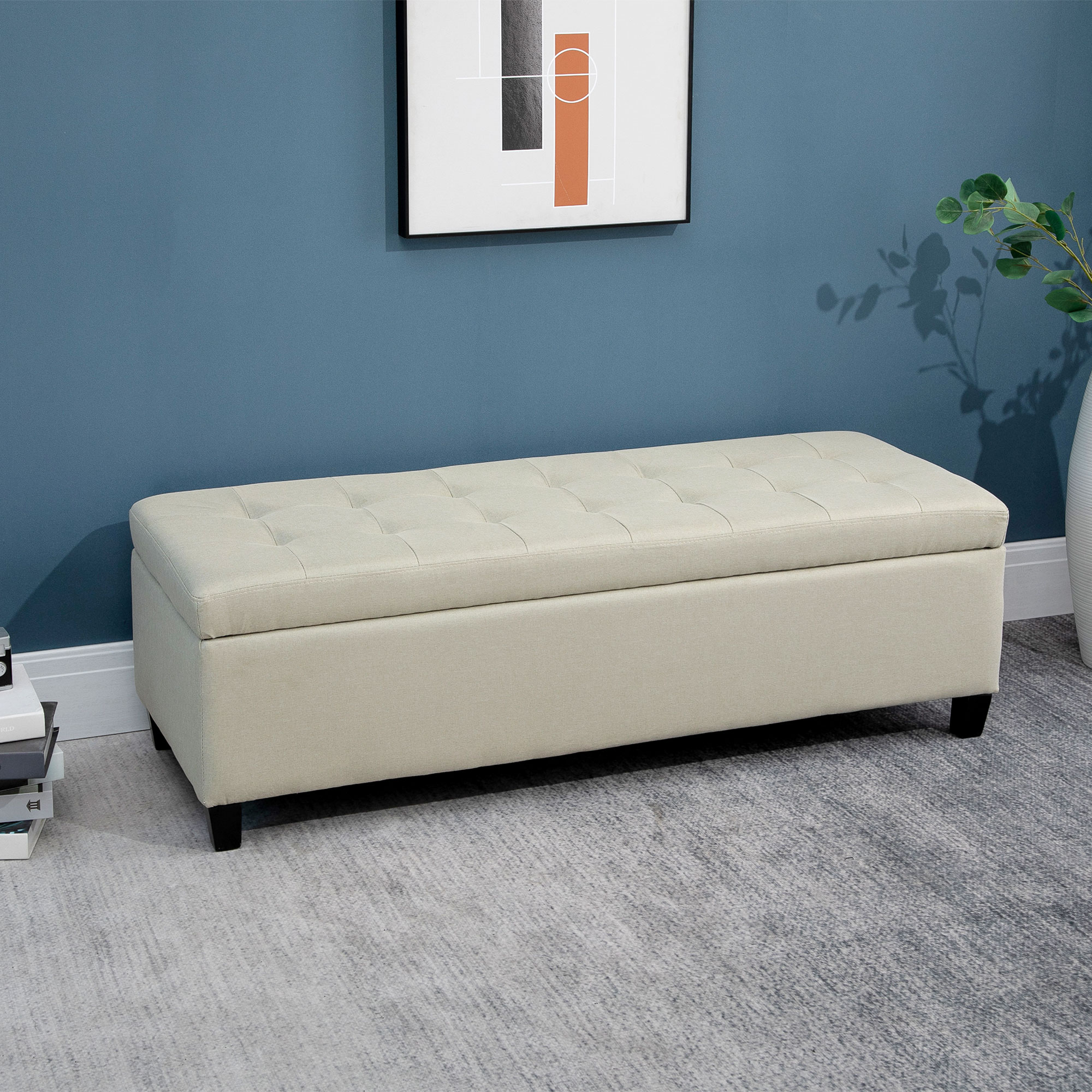 HOMCOM Linen Ottoman Storage Bench, Padded Footrest with Tufted Design, Hinged Lid, Wooden Frame, 125L x 49W x 41.5H cm, Beige