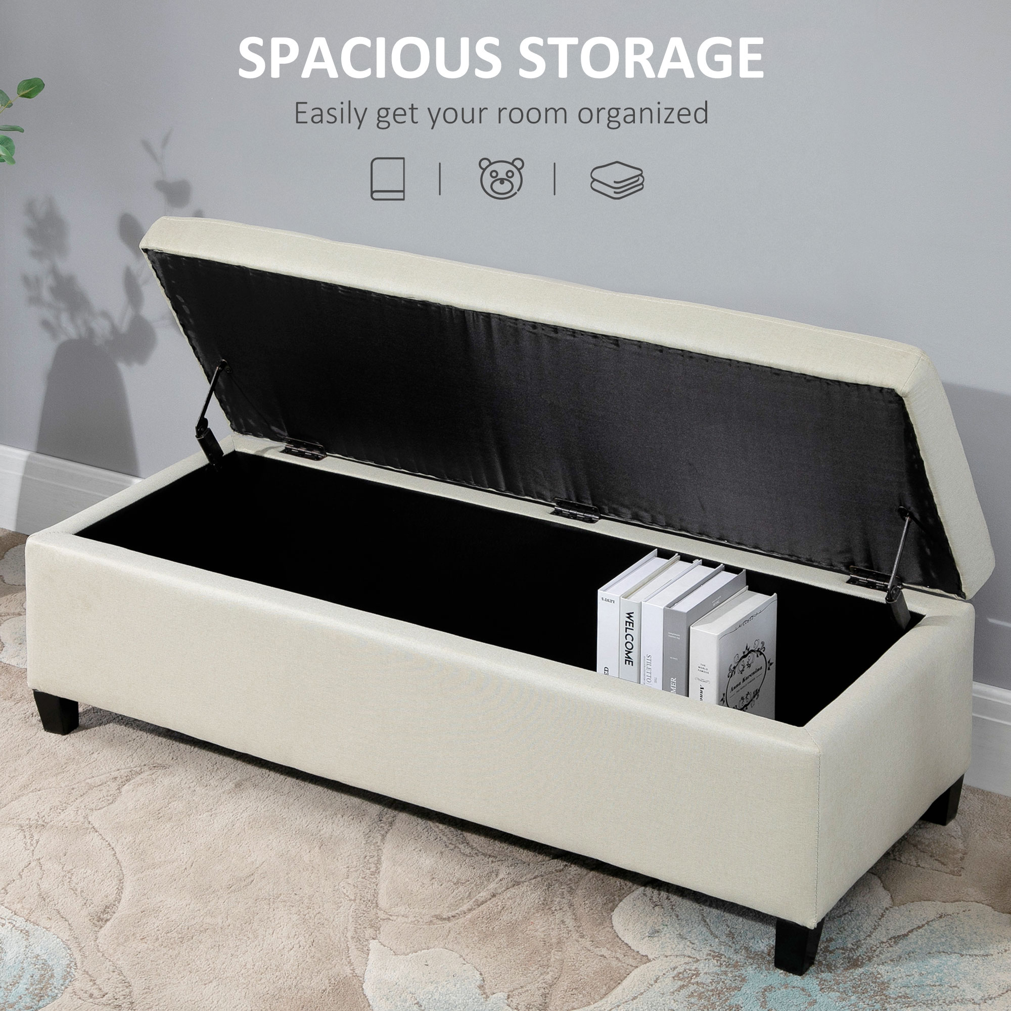 HOMCOM Linen Ottoman Storage Bench, Padded Footrest with Tufted Design, Hinged Lid, Wooden Frame, 125L x 49W x 41.5H cm, Beige